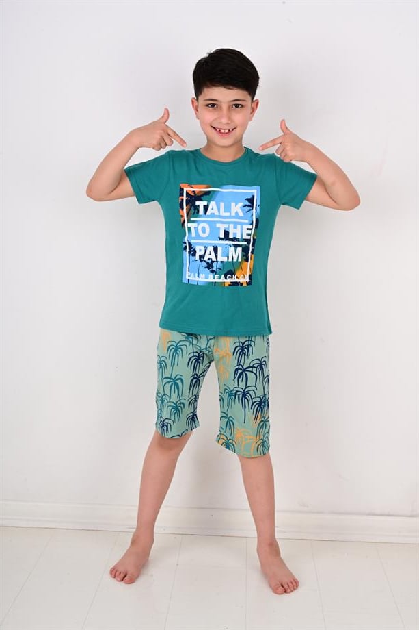 erkek çocuk kısa kollu pijama takımı palm beache yeşil