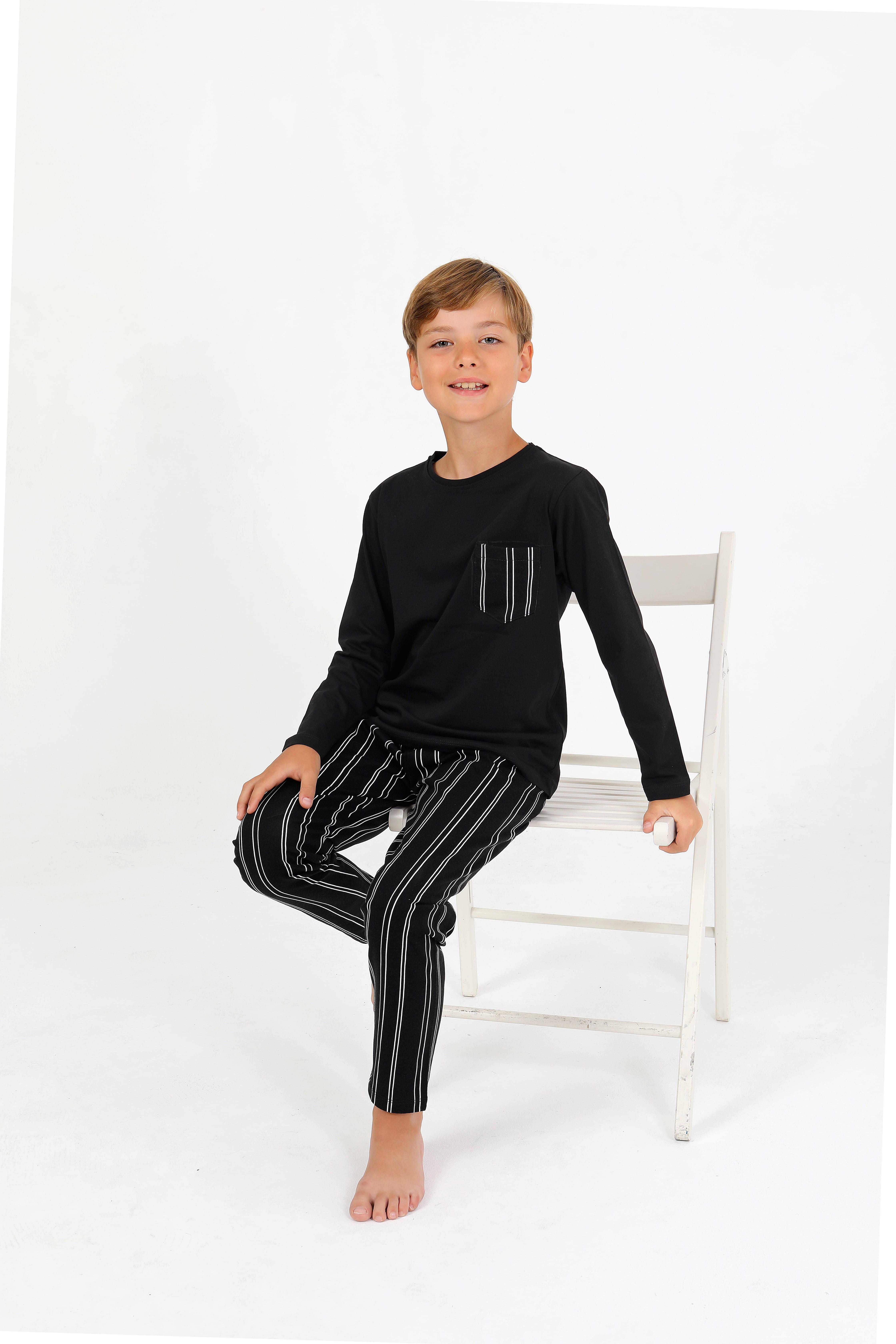Erkek Çocuk Uzun Kollu %100 Pamuklu Cepli Pijama Takımı Drift