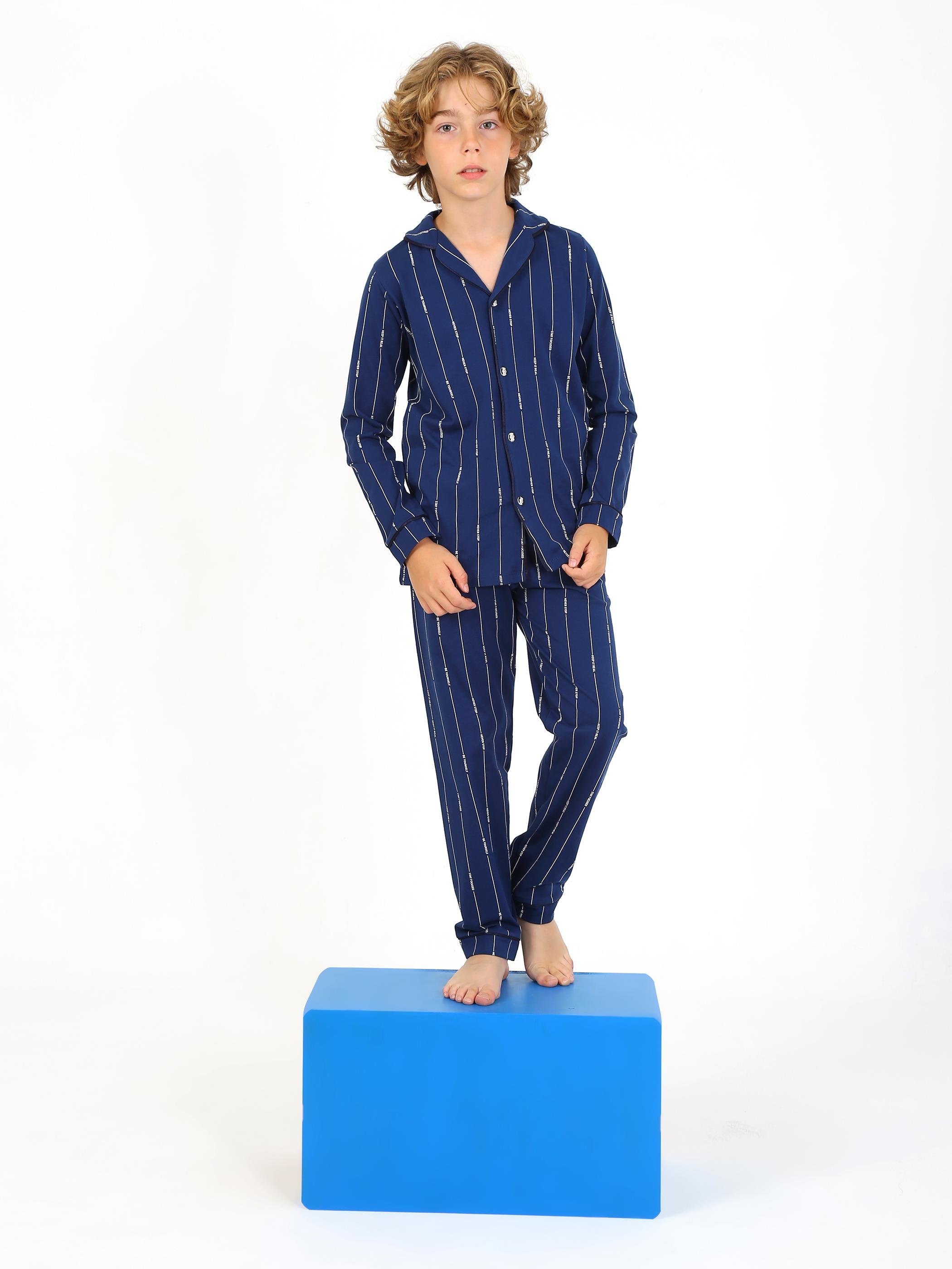Erkek Çocuk Uzun Kollu %100 Pamuklu Düğmeli Pijama Takımı Leo Uzun