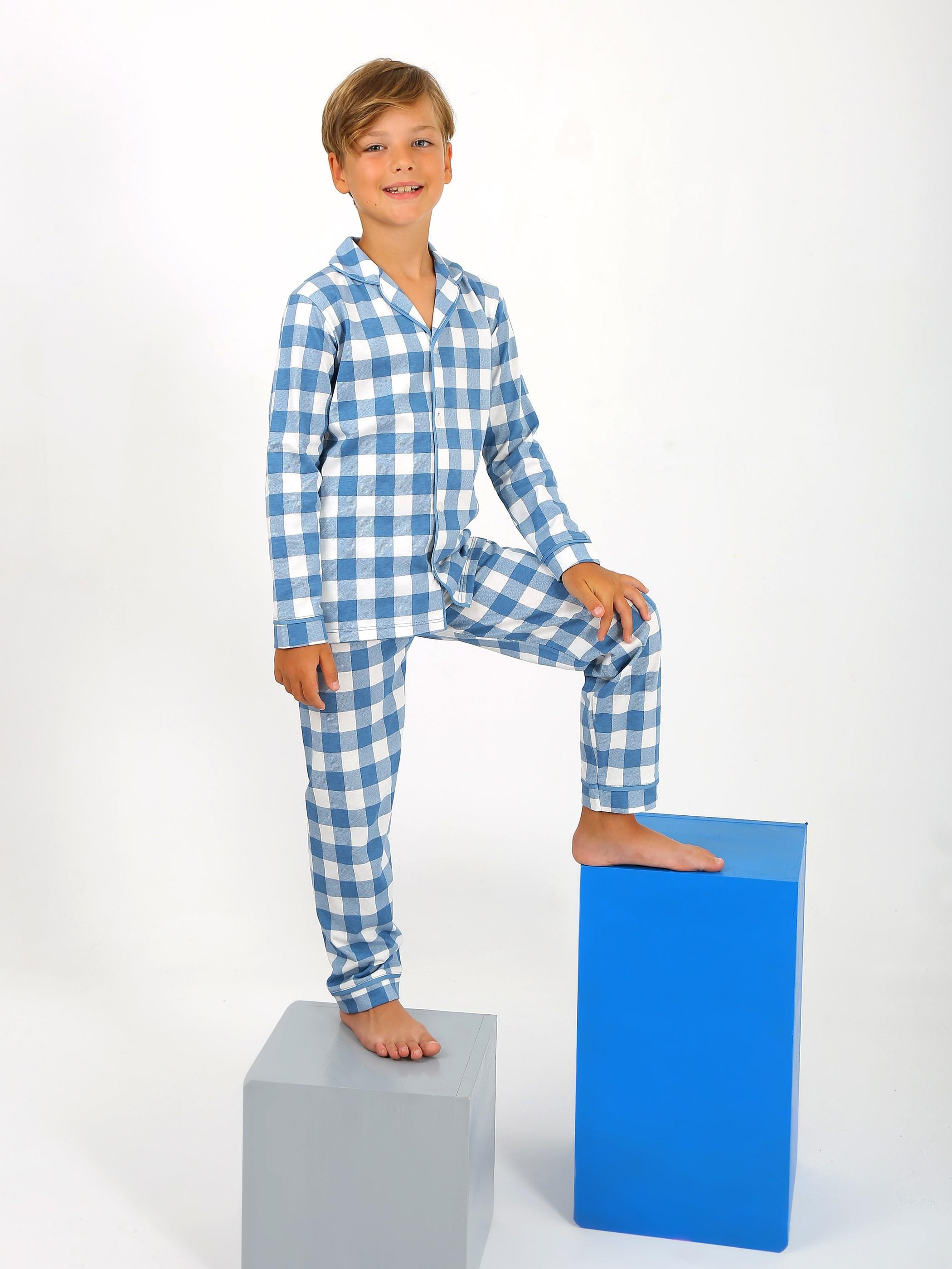 Erkek Çocuk Uzun Kollu %100 Pamuklu Düğmeli Pijama Takımı Vita