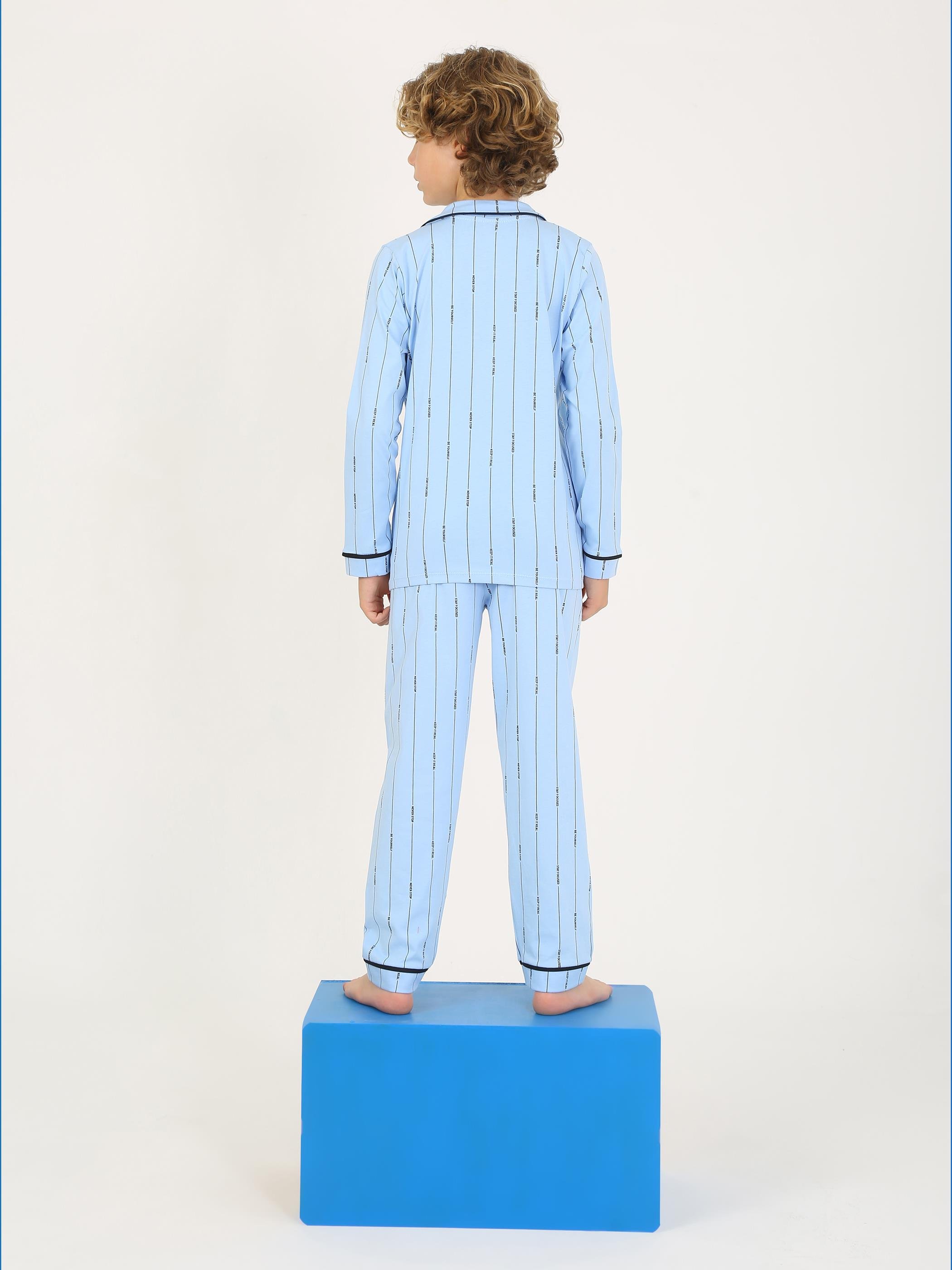 Erkek Çocuk Uzun Kollu %100 Pamuklu Düğmeli Pijama Takımı Leo Uzun