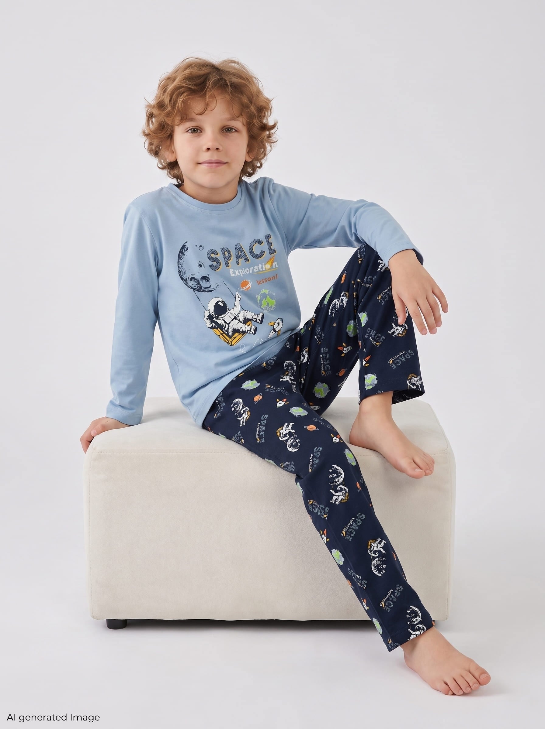 Erkek Çocuk Uzun Kollu %100 Pamuklu Pijama Takımı Space Lesson