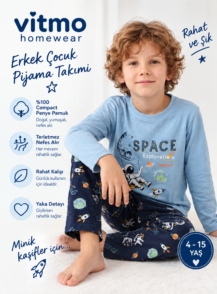 Erkek Çocuk Uzun Kollu %100 Pamuklu Pijama Takımı Space Lesson