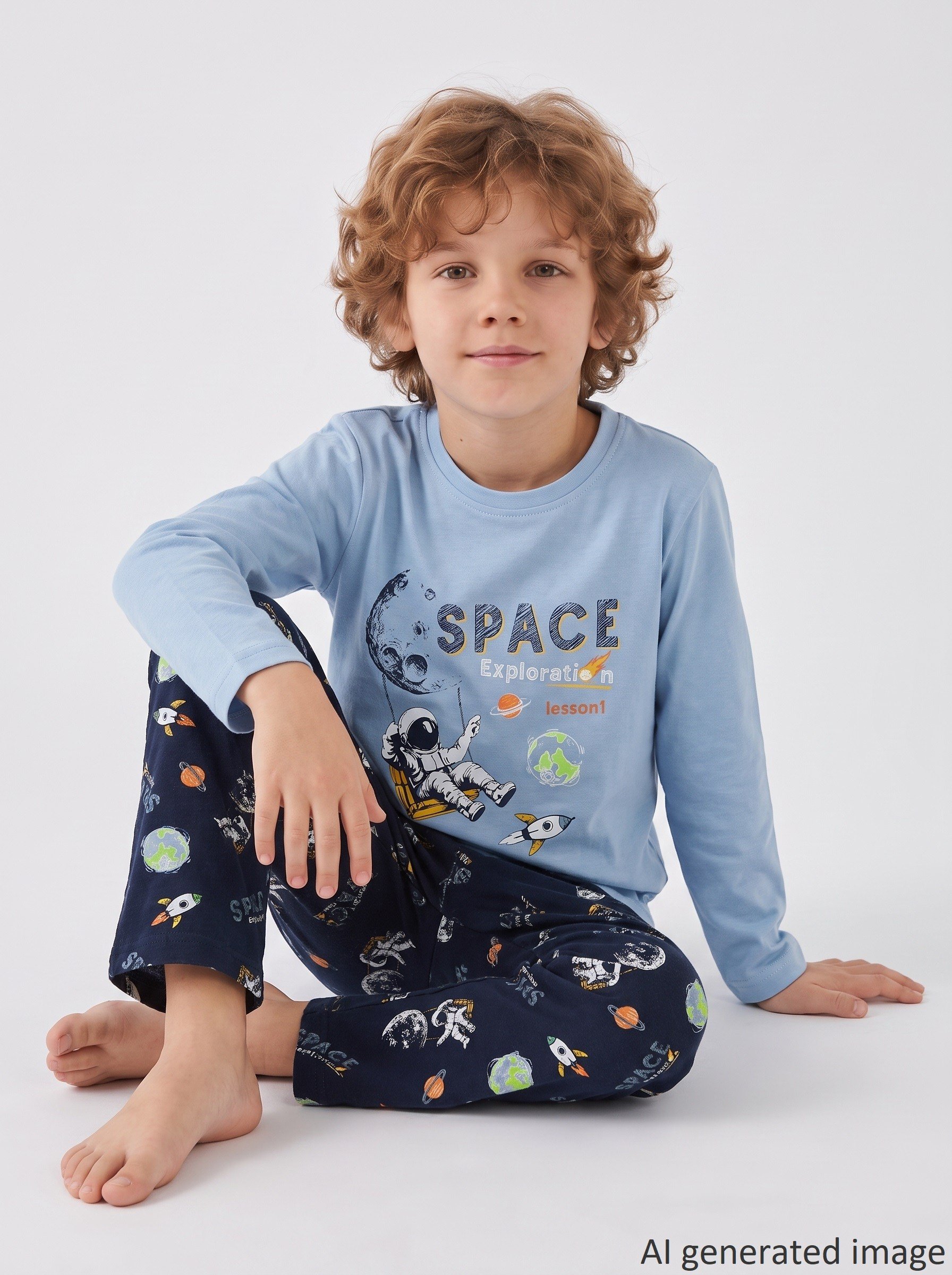 Erkek Çocuk Uzun Kollu %100 Pamuklu Pijama Takımı Space Lesson