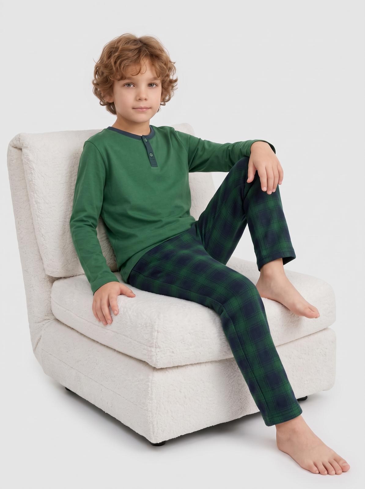 Erkek Çocuk Uzun Kollu Düğme Detaylı %100 Pamuklu Pijama Takımı Evergreen