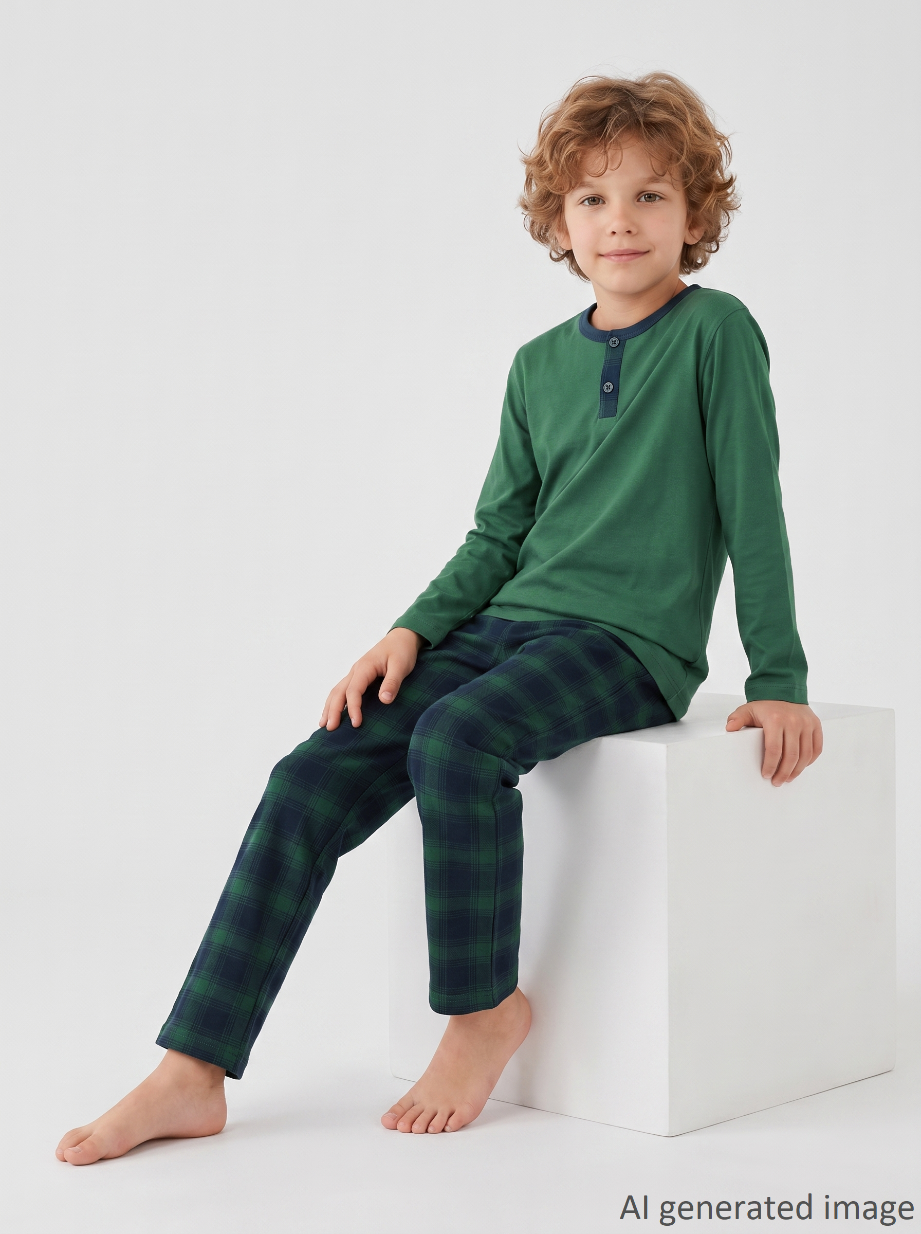 Erkek Çocuk Uzun Kollu Düğme Detaylı %100 Pamuklu Pijama Takımı Evergreen