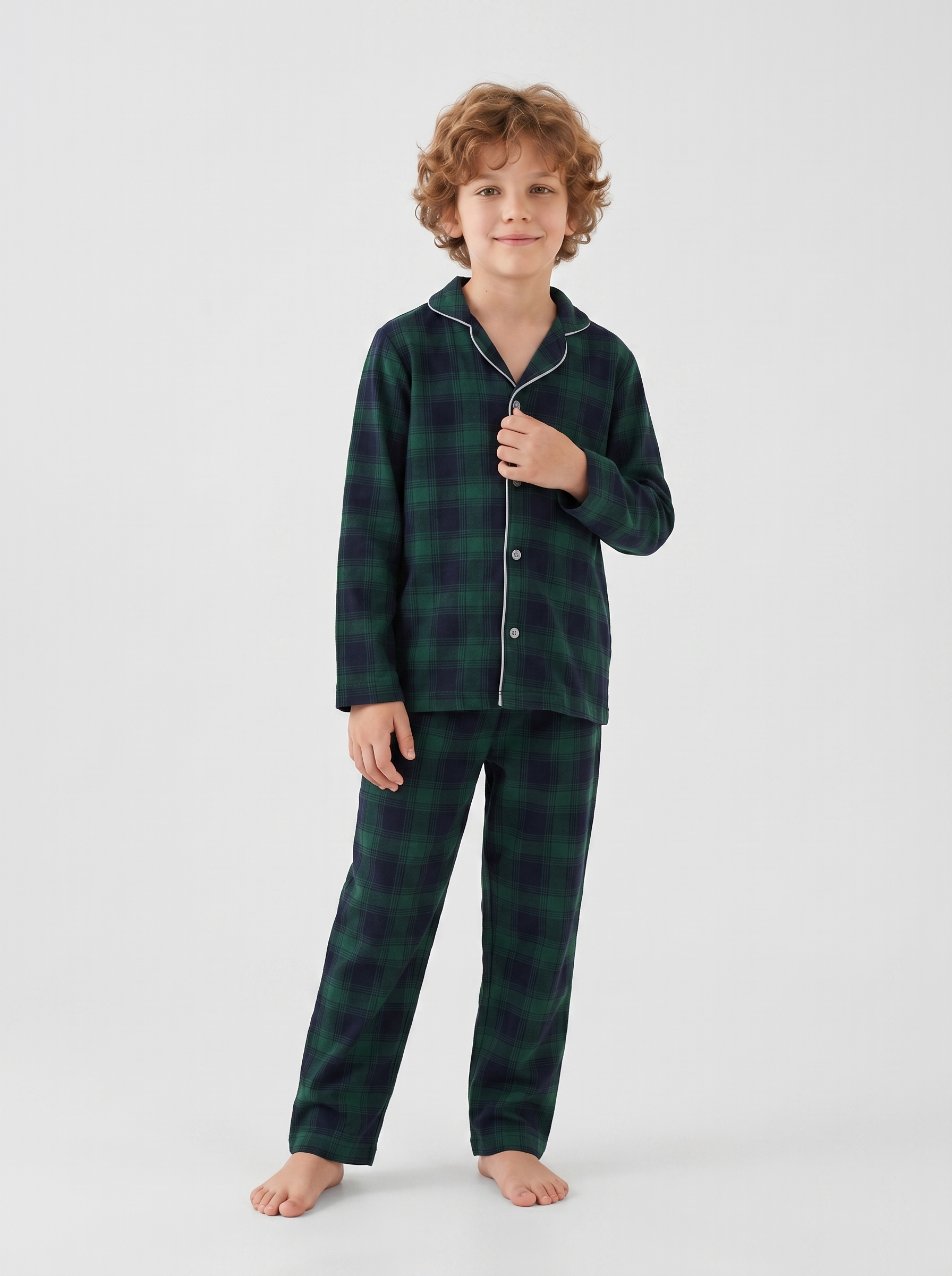 Erkek Çocuk Uzun Kollu Düğmeli %100 Pamuklu Pijama Takımı Yeşil Ekose