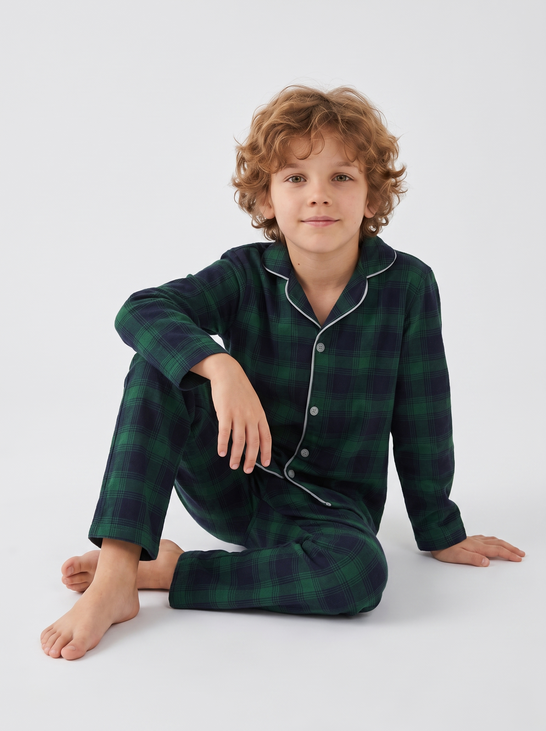 Erkek Çocuk Uzun Kollu Düğmeli %100 Pamuklu Pijama Takımı Yeşil Ekose