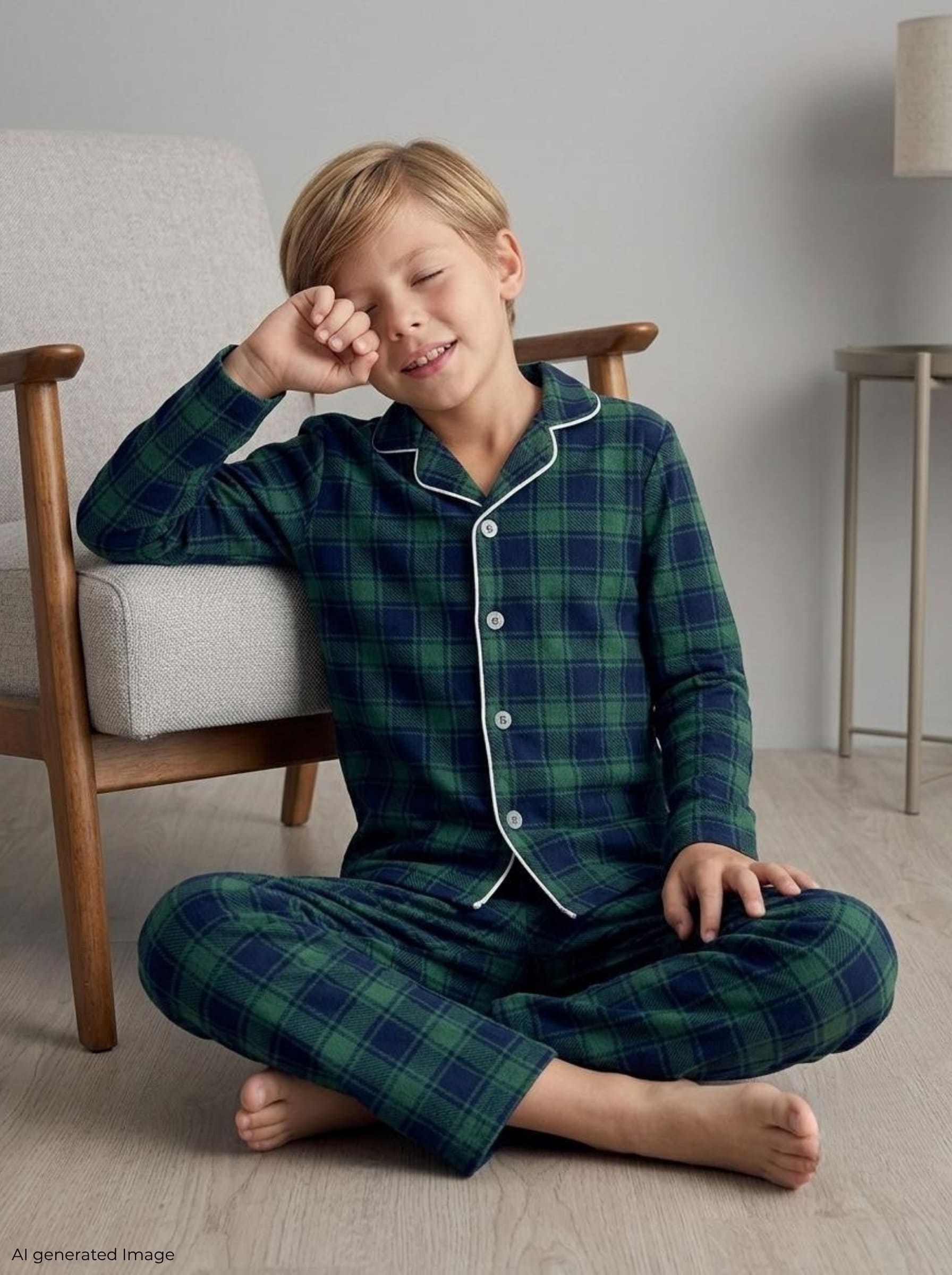 Erkek Çocuk Uzun Kollu Düğmeli %100 Pamuklu Pijama Takımı Yeşil Ekose