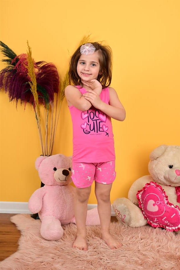kız çocuk askılı pijama takımı too cute koyu pembe