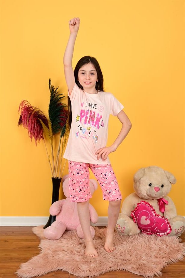 kız çocuk kapri pijama takımı pınk somon