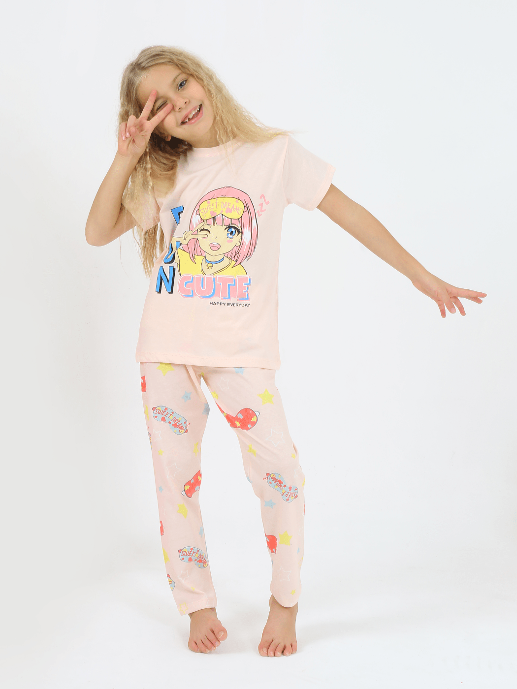 Kız Çocuk Kısa Kollu %100 Pamuklu Fun Cute Pijama Takımı