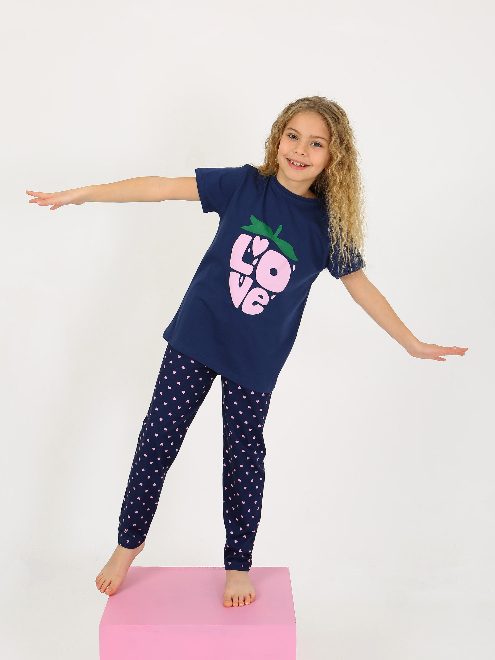 Kız Çocuk Kısa Kollu %100 Pamuklu Pijama Takımı Cute Love