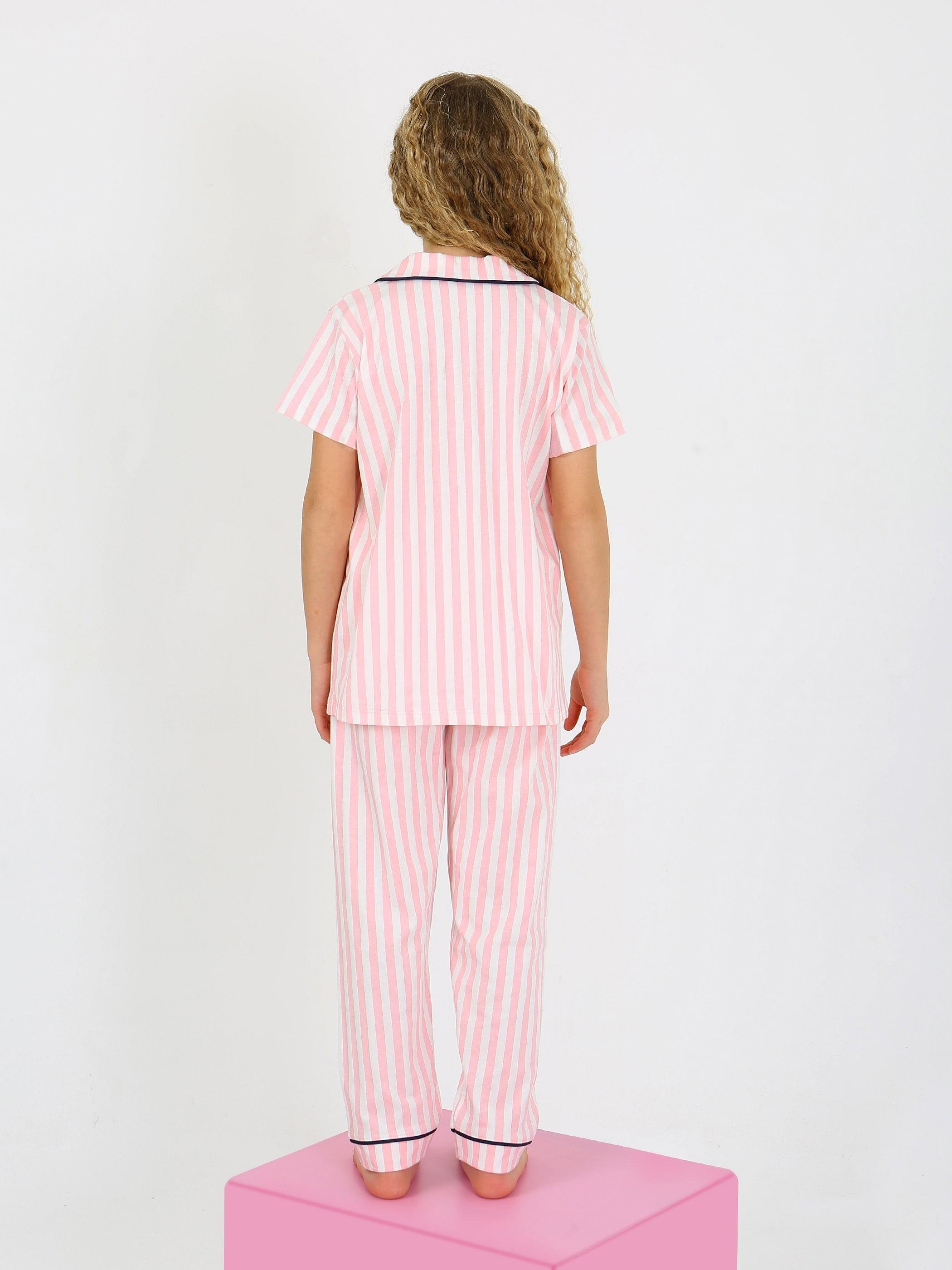 Kız Çocuk Kısa Kollu Düğmeli %100 Pamuklu Pijama Takımı Pinky