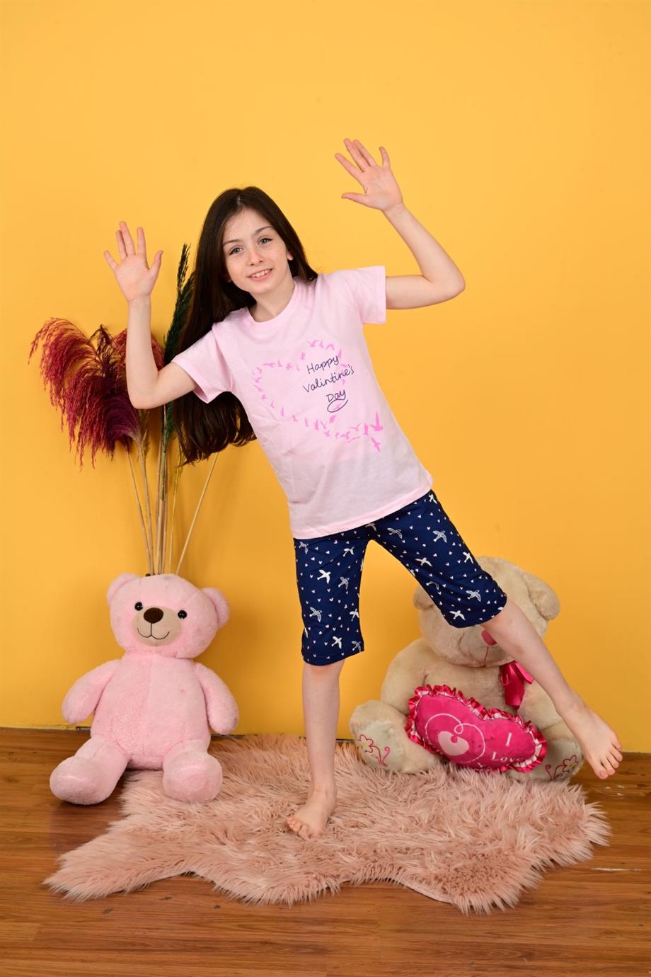 kız çocuk pijama takımı kapri happy day pembe