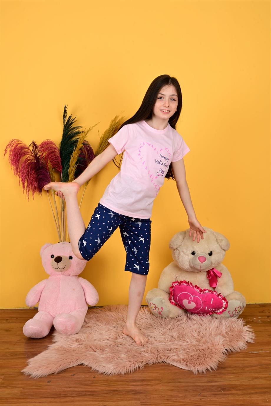 kız çocuk pijama takımı kapri happy day pembe