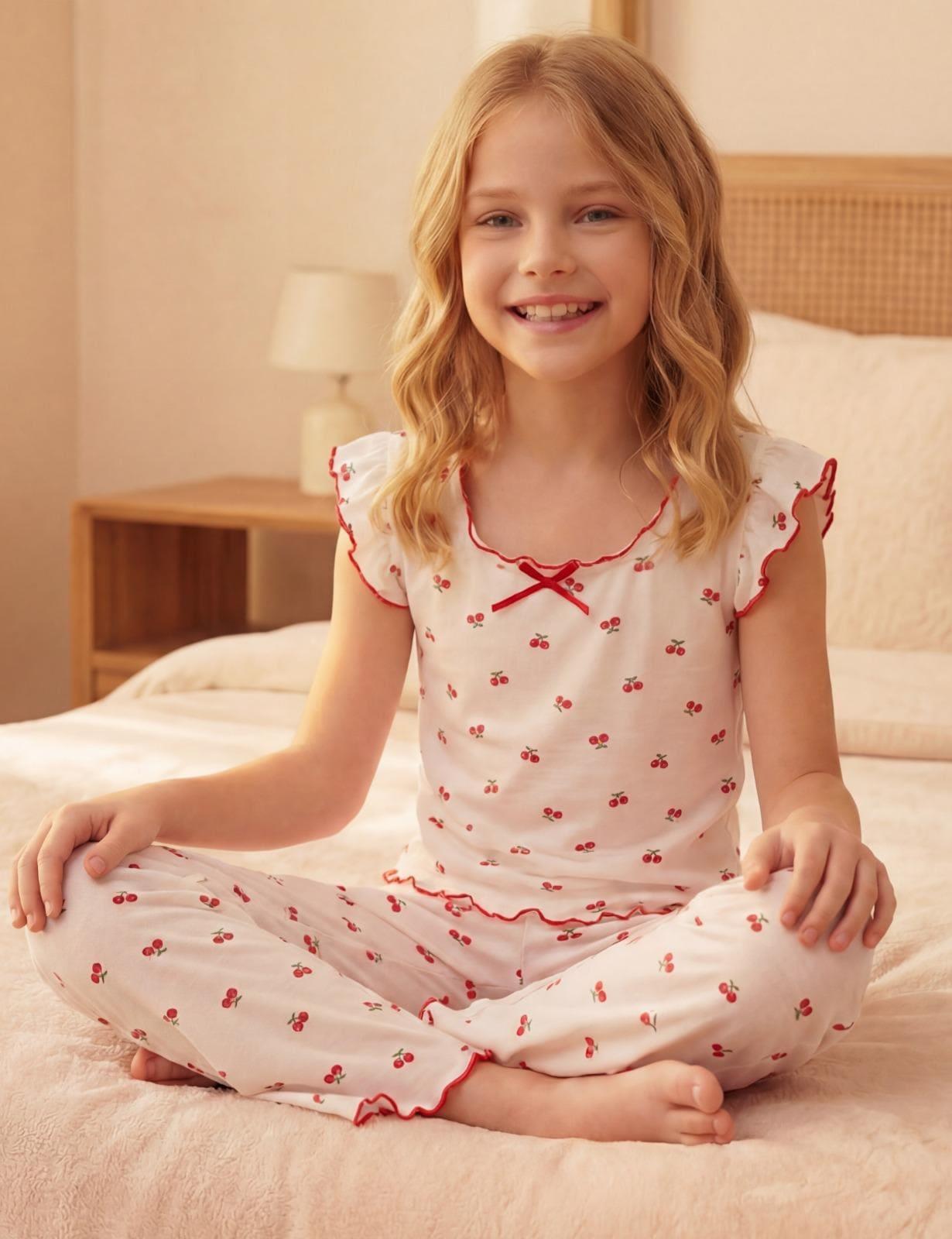 Kız Çocuk U Yaka Pamuklu Kurdeleli Kolsuz Pijama Takımı Yeni Sezon