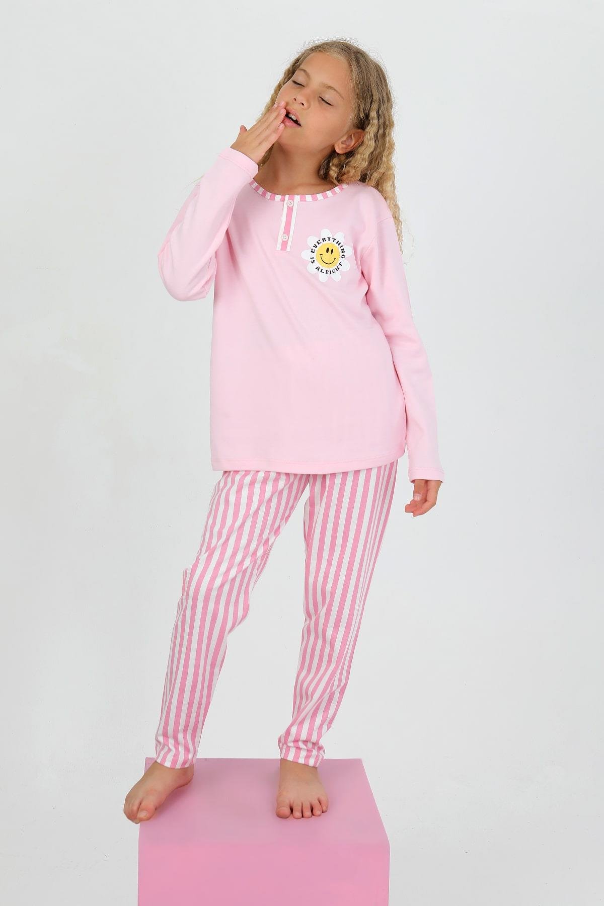 Kız Çocuk Uzun Kollu %100 Pamuklu Düğme Detaylı Pijama Takımı Love Me
