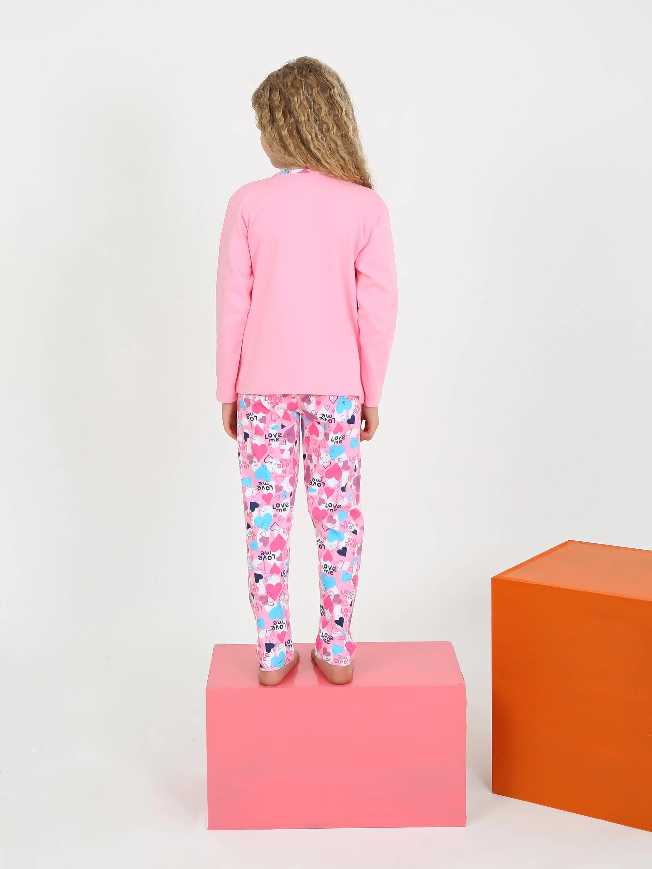 Kız Çocuk Uzun Kollu %100 Pamuklu Düğme Detaylı Pijama Takımı Love Me