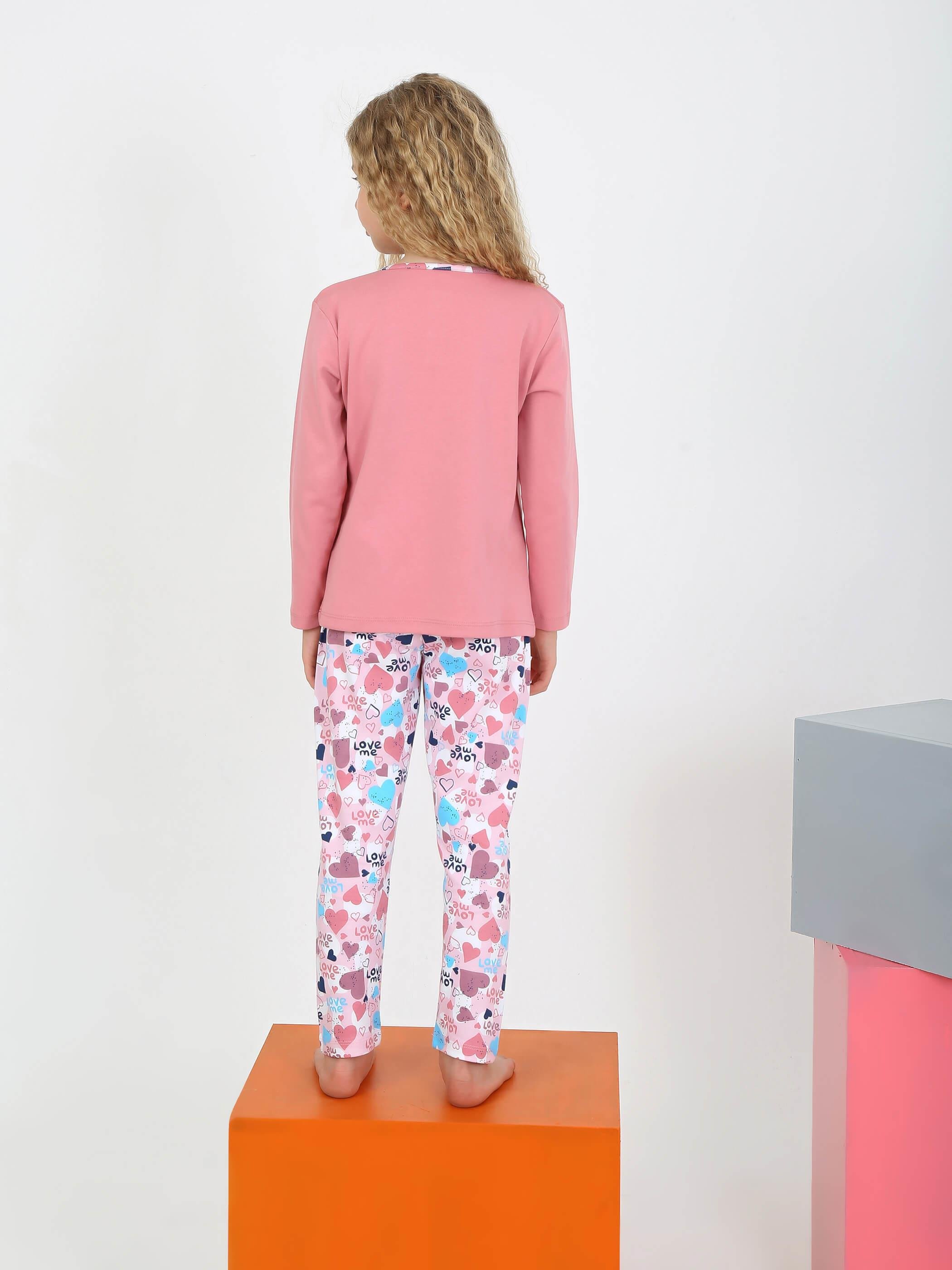 Kız Çocuk Uzun Kollu %100 Pamuklu Düğme Detaylı Pijama Takımı Love Me