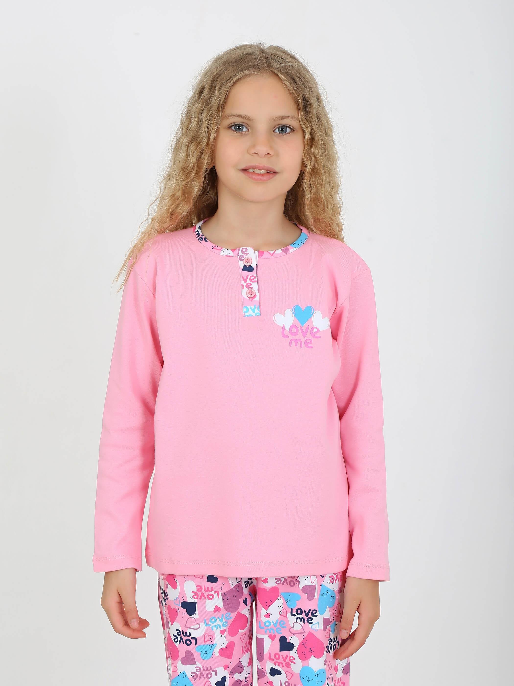 Kız Çocuk Uzun Kollu %100 Pamuklu Düğme Detaylı Pijama Takımı Love Me