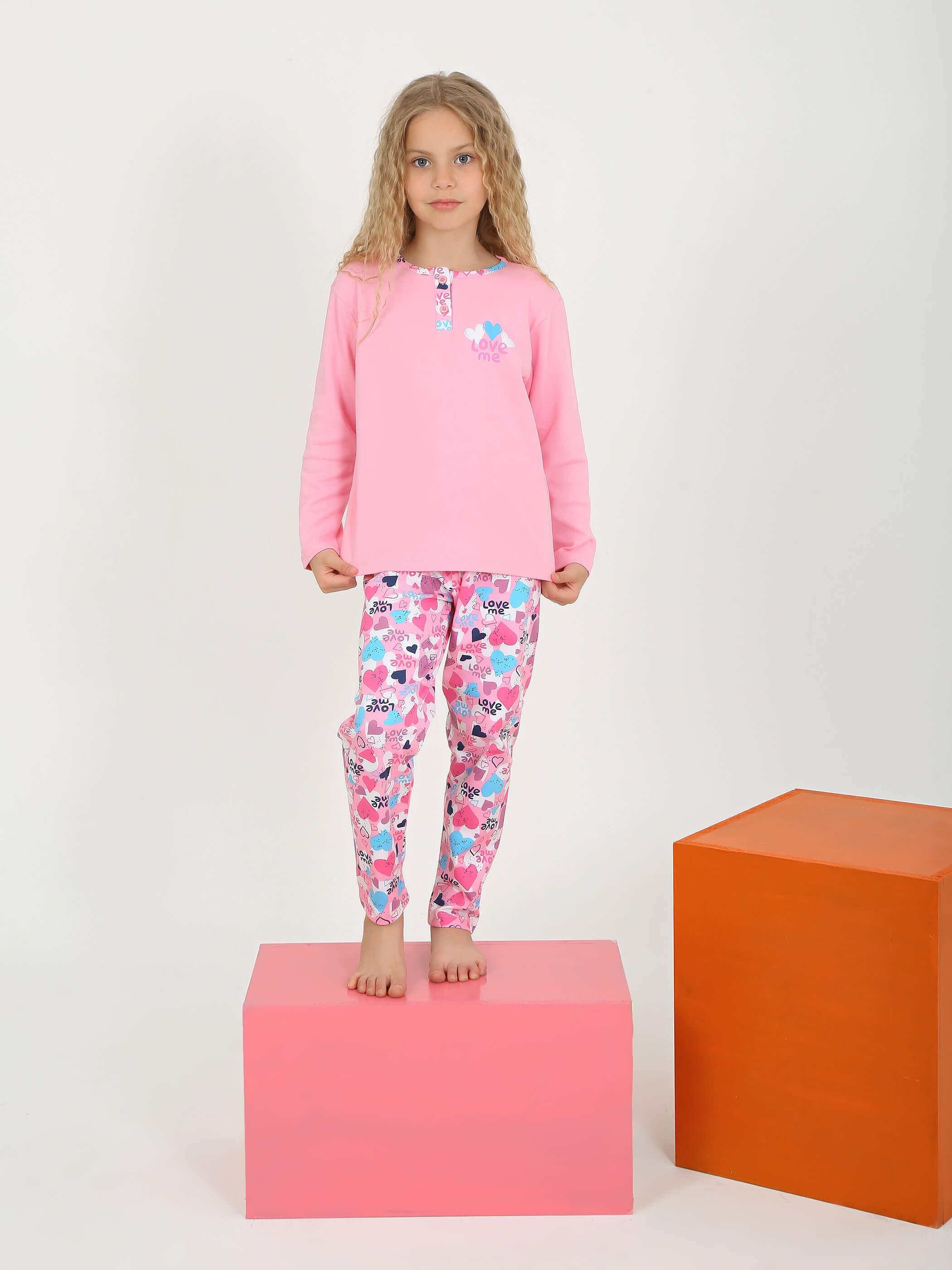 Kız Çocuk Uzun Kollu %100 Pamuklu Düğme Detaylı Pijama Takımı Love Me