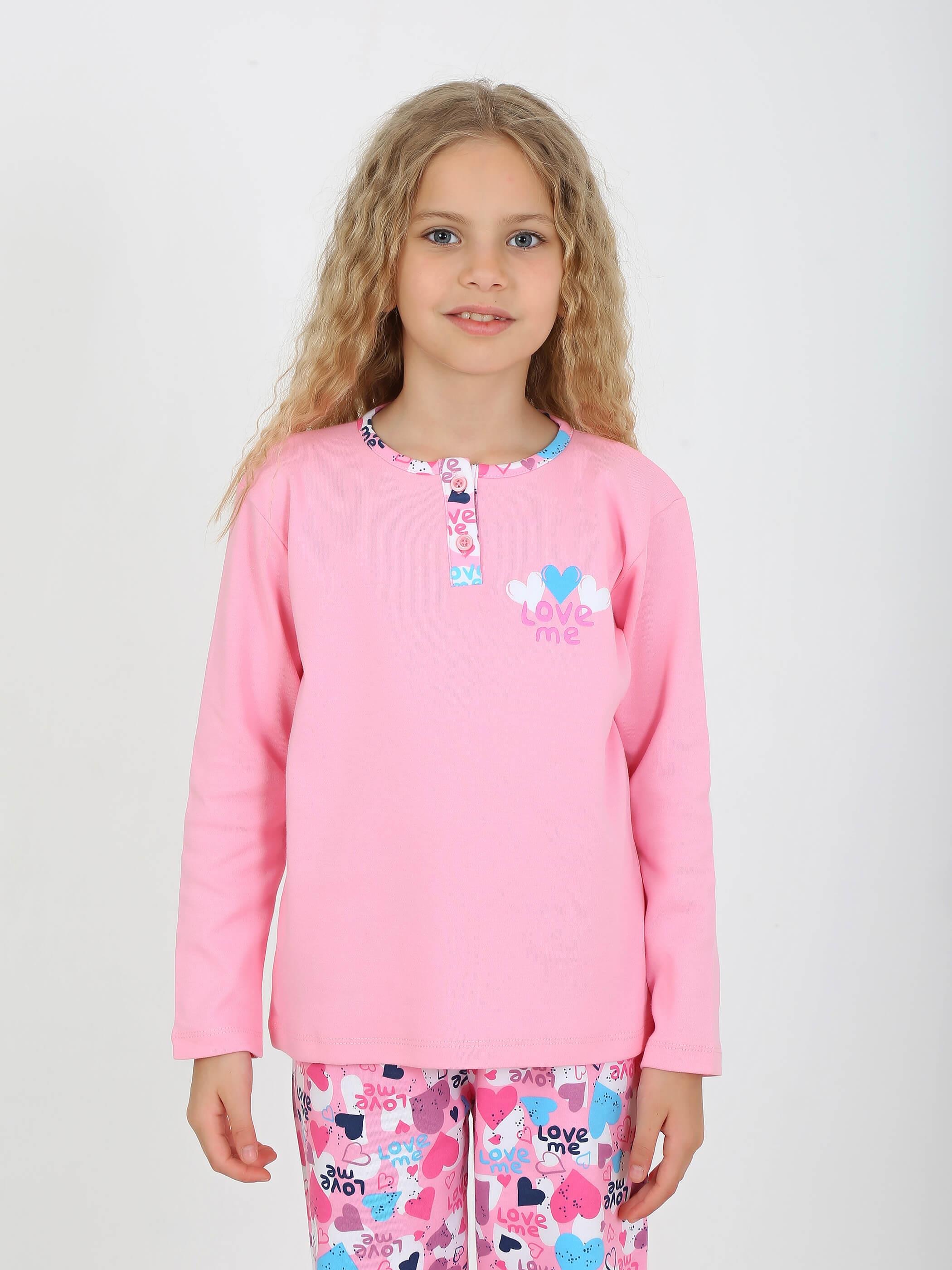 Kız Çocuk Uzun Kollu %100 Pamuklu Düğme Detaylı Pijama Takımı Love Me