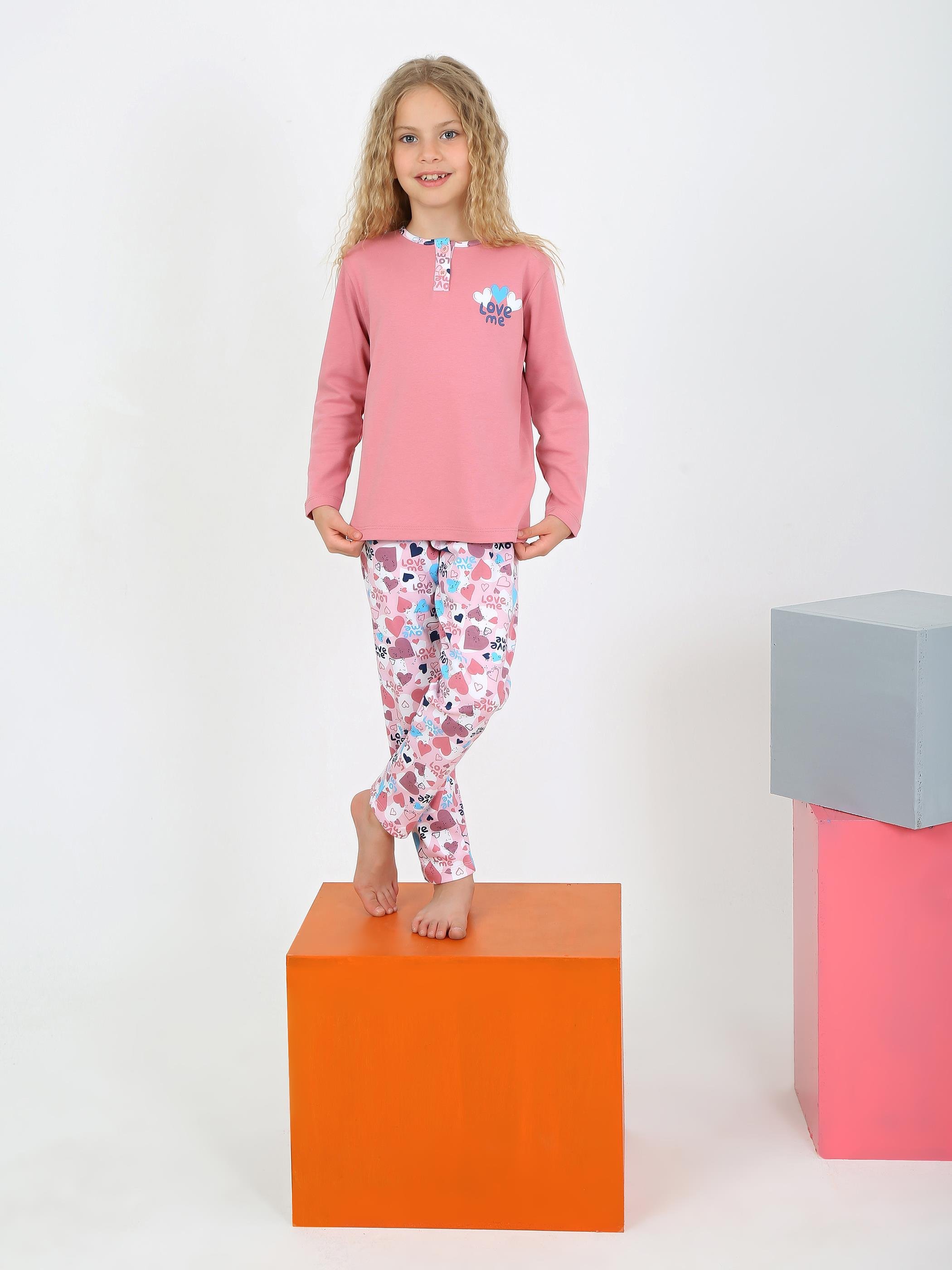Kız Çocuk Uzun Kollu %100 Pamuklu Düğme Detaylı Pijama Takımı Love Me