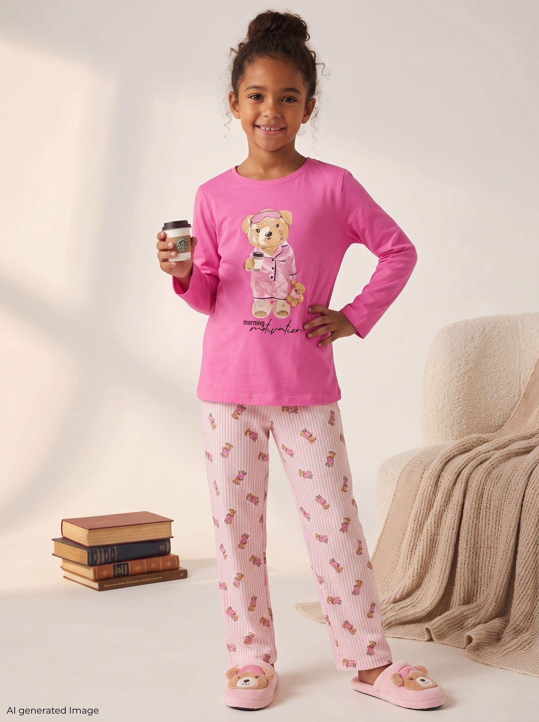 Kız Çocuk Uzun Kollu %100 Pamuklu Pijama Takımı Morning Teddy Pembe