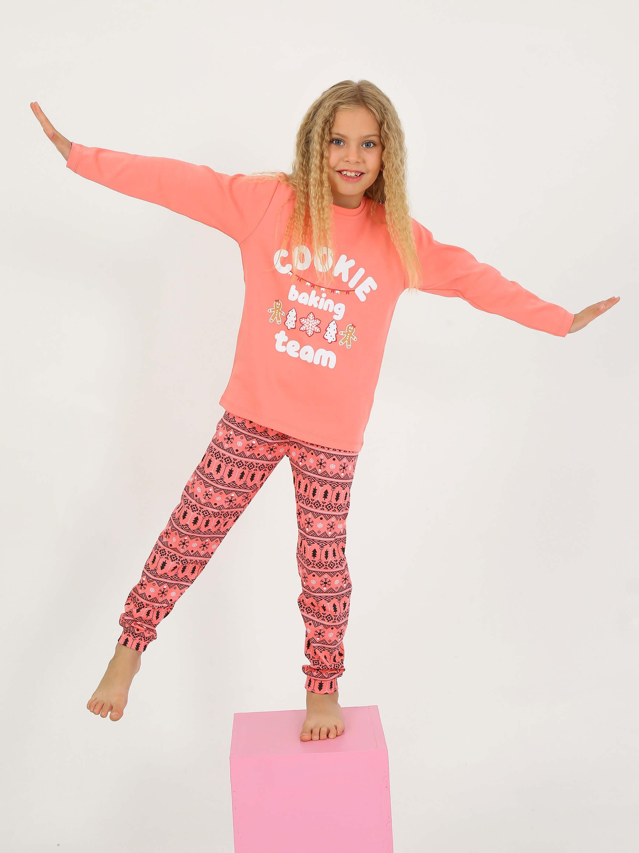 Kız Çocuk Uzun Kollu %100 Pamuklu Pijama Takımı Cookie Team