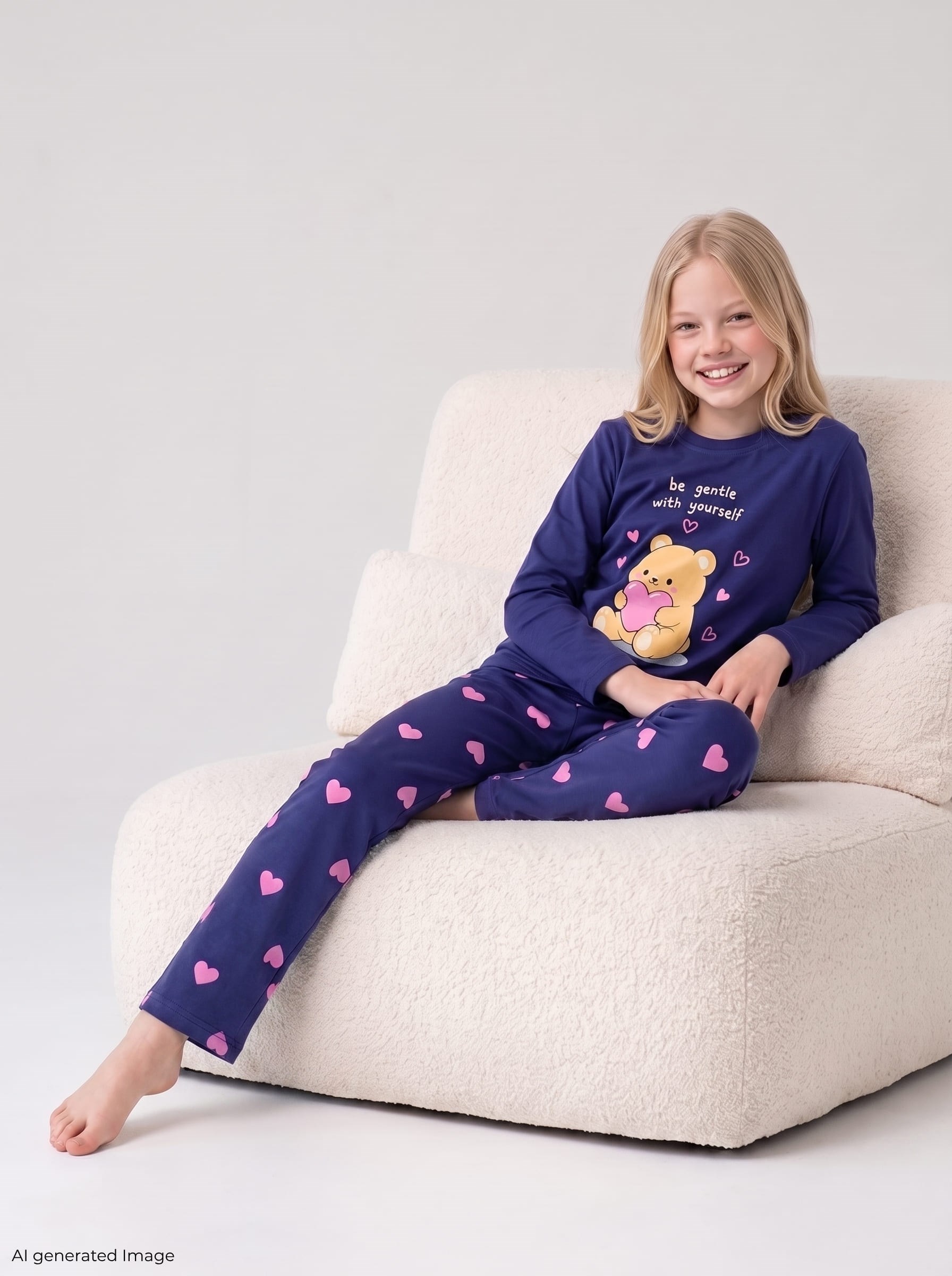 Kız Çocuk Uzun Kollu %100 Pamuklu Pijama Takımı Mor Kalpli