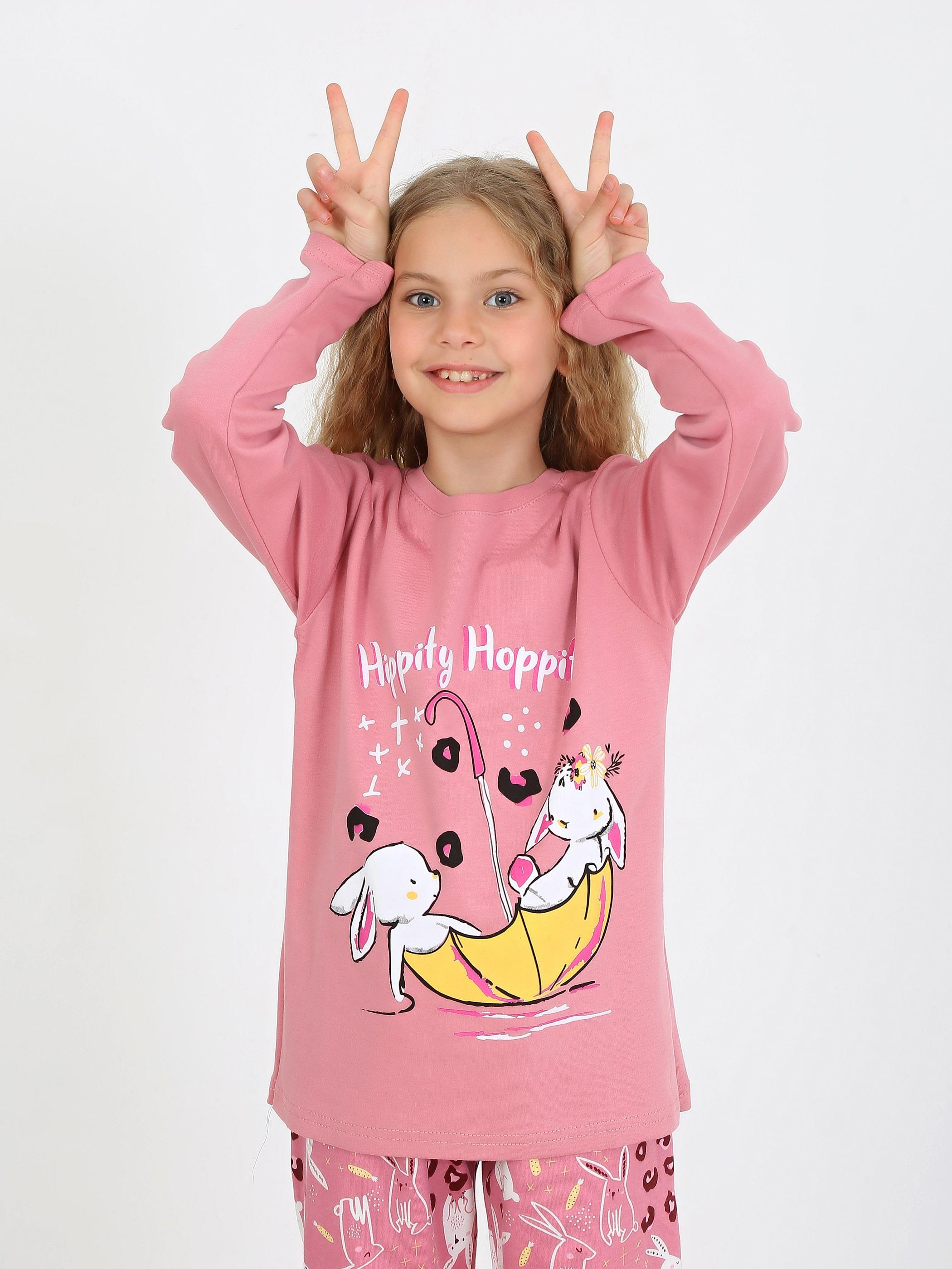 Kız Çocuk Uzun Kollu %100 Pamuklu Pijama Takımı Hippity Hoppity