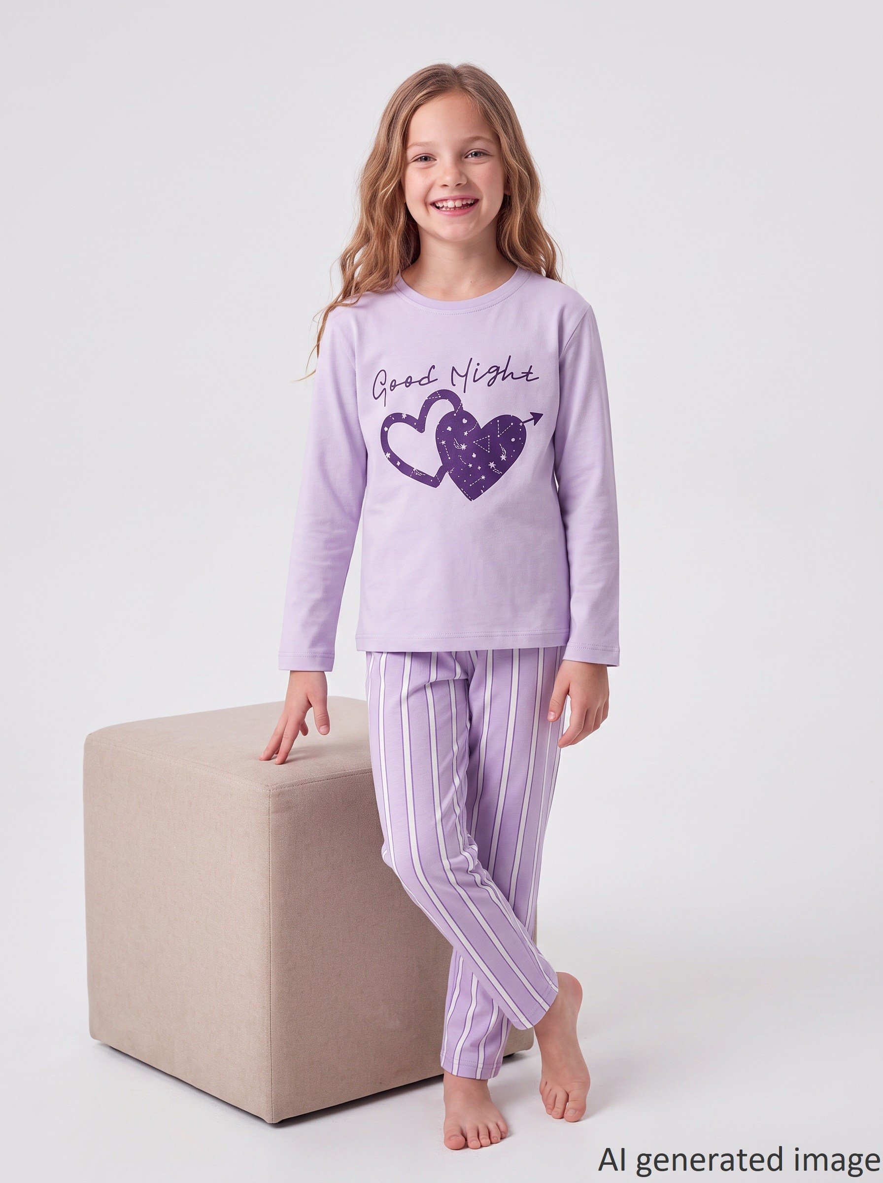 Kız Çocuk Uzun Kollu %100 Pamuklu Starry Heart Pijama Takımı