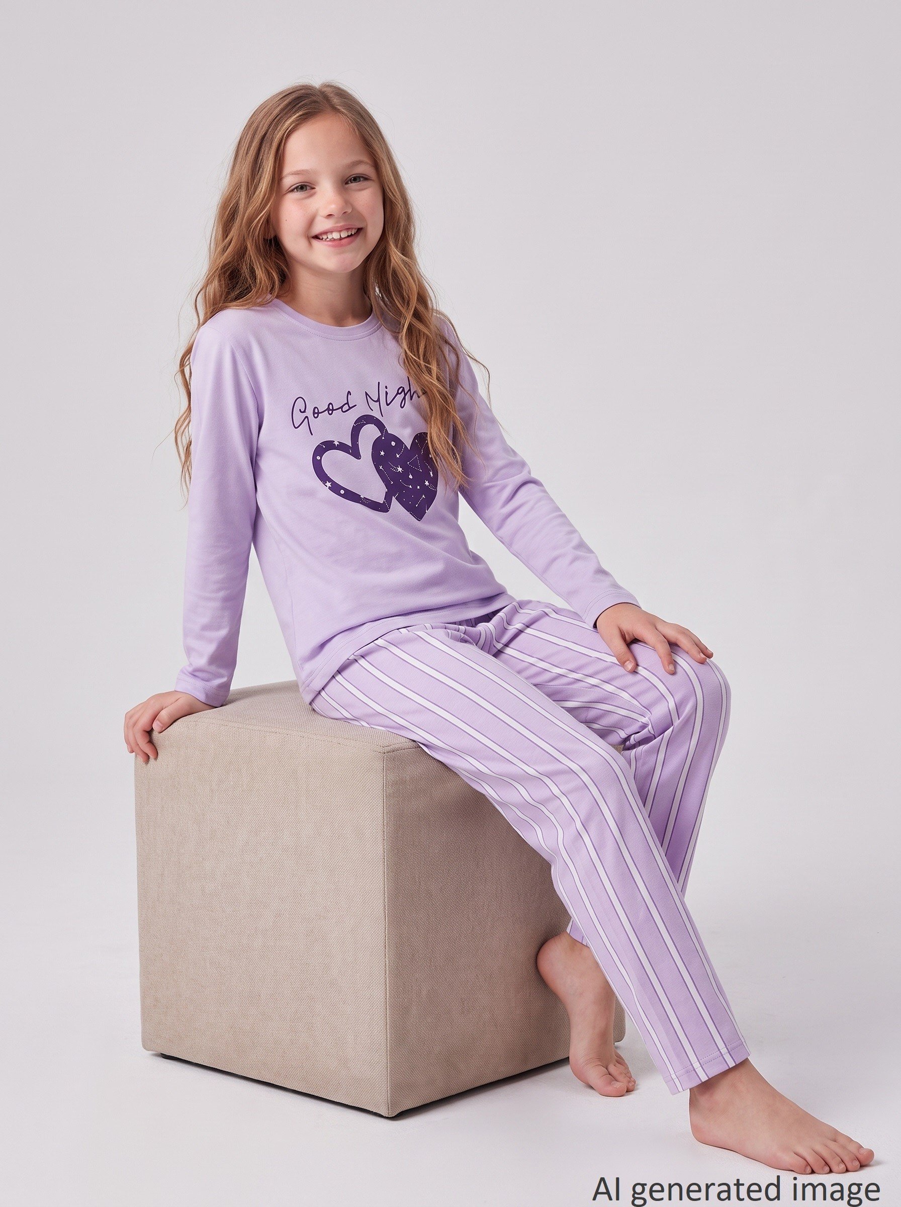 Kız Çocuk Uzun Kollu %100 Pamuklu Starry Heart Pijama Takımı