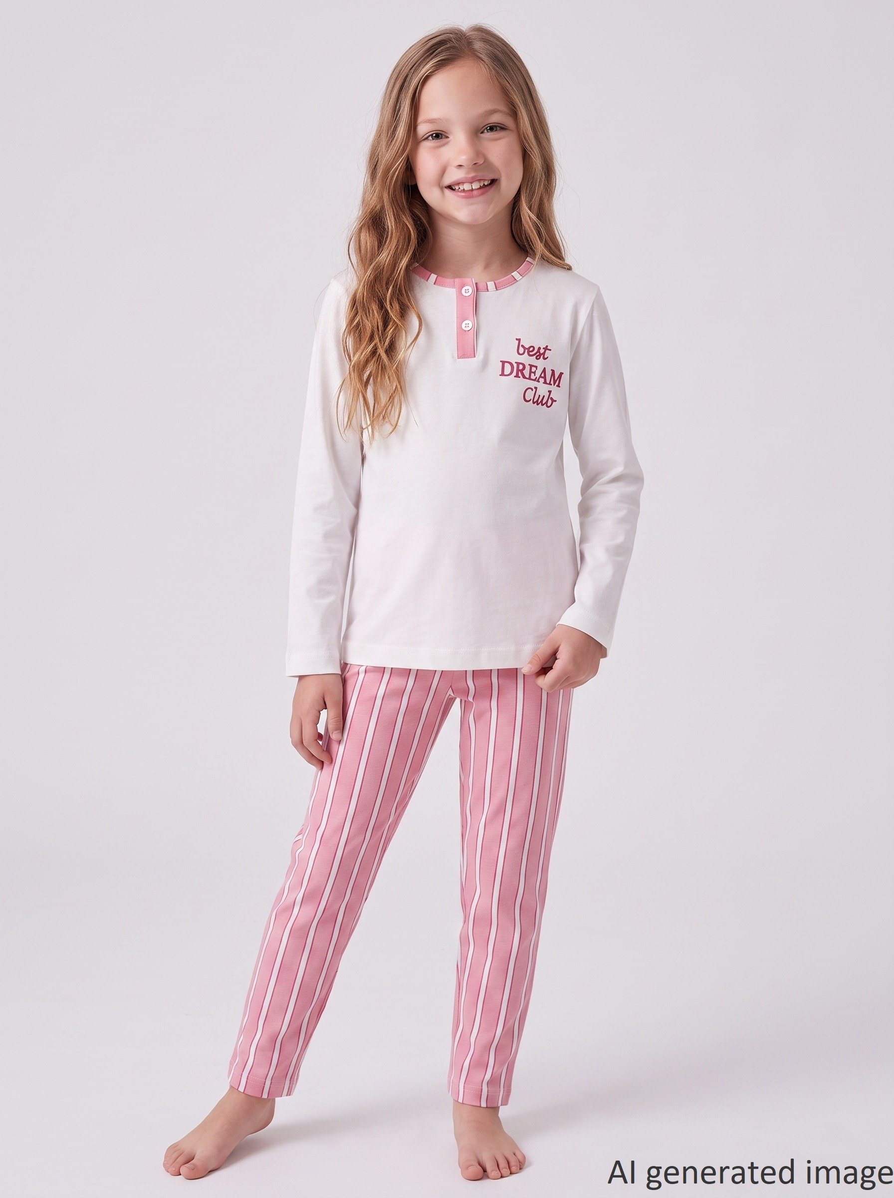 Kız Çocuk Uzun Kollu Düğme Detaylı %100 Pamuklu Pijama Takımı Best Dream
