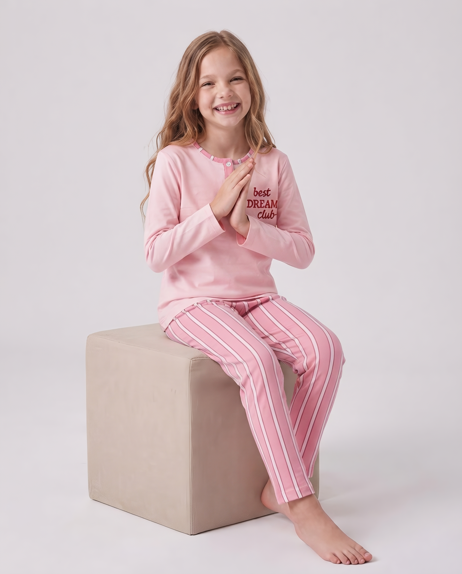 Kız Çocuk Uzun Kollu Düğme Detaylı %100 Pamuklu Pijama Takımı Best Dream
