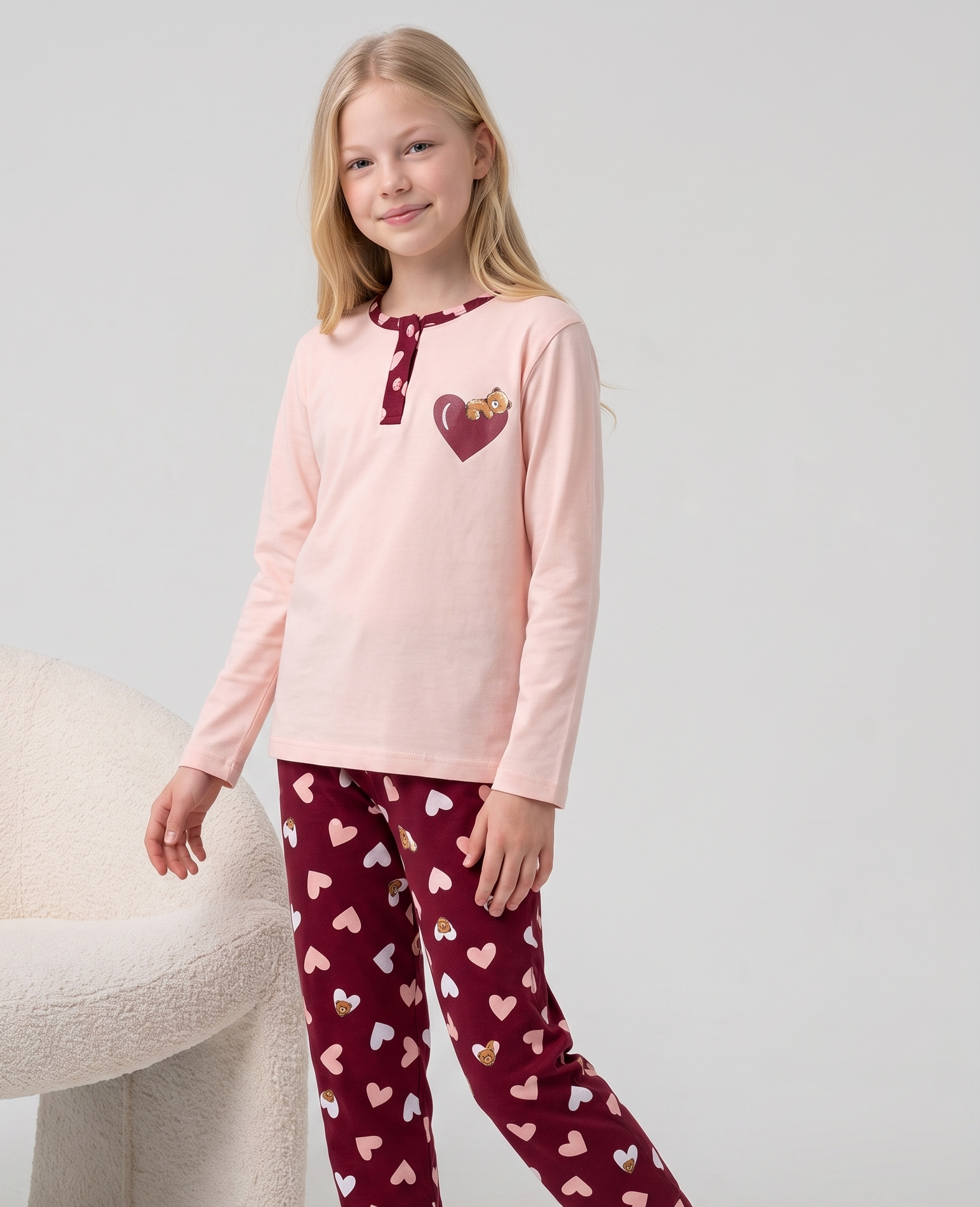 Kız Çocuk Uzun Kollu Düğme Detaylı %100 Pamuklu Pijama Takımı Huggy