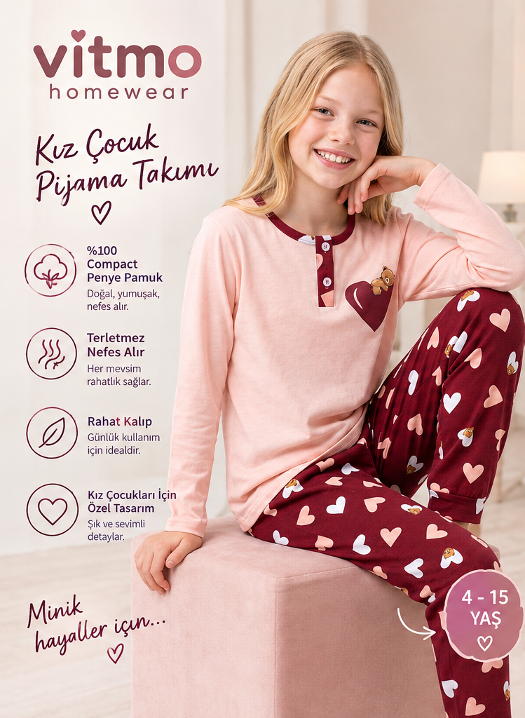 Kız Çocuk Uzun Kollu Düğme Detaylı %100 Pamuklu Pijama Takımı Huggy