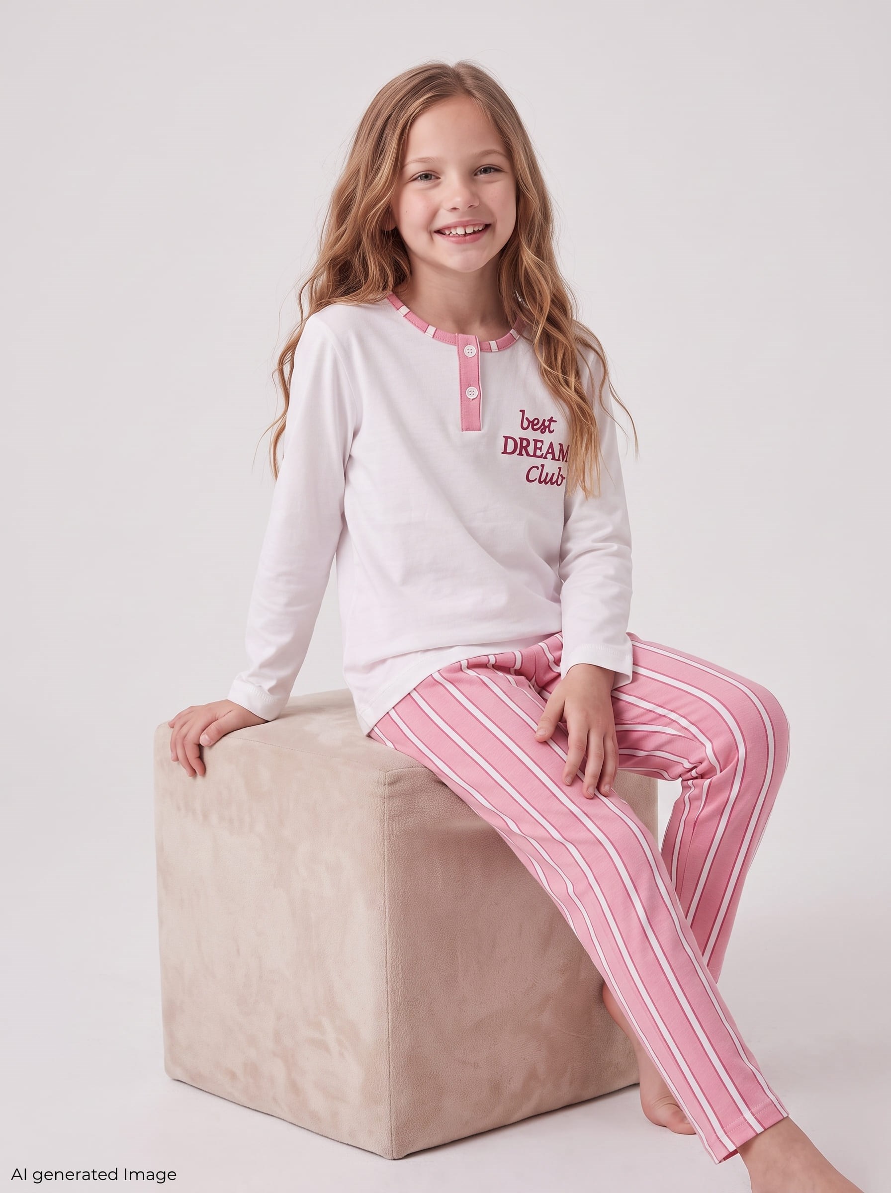 Kız Çocuk Uzun Kollu Düğme Detaylı %100 Pamuklu Pijama Takımı Best Dream