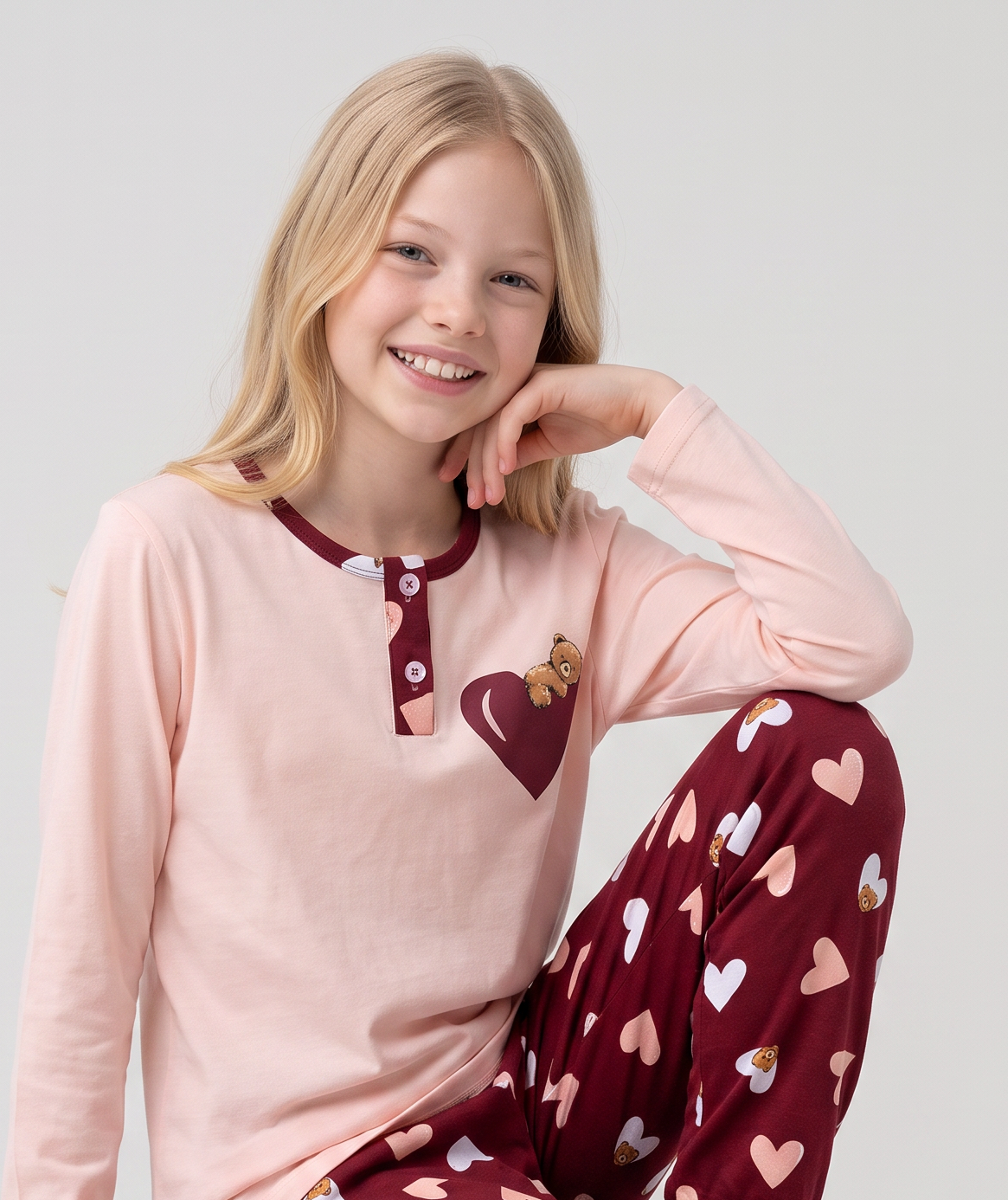 Kız Çocuk Uzun Kollu Düğme Detaylı %100 Pamuklu Pijama Takımı Huggy