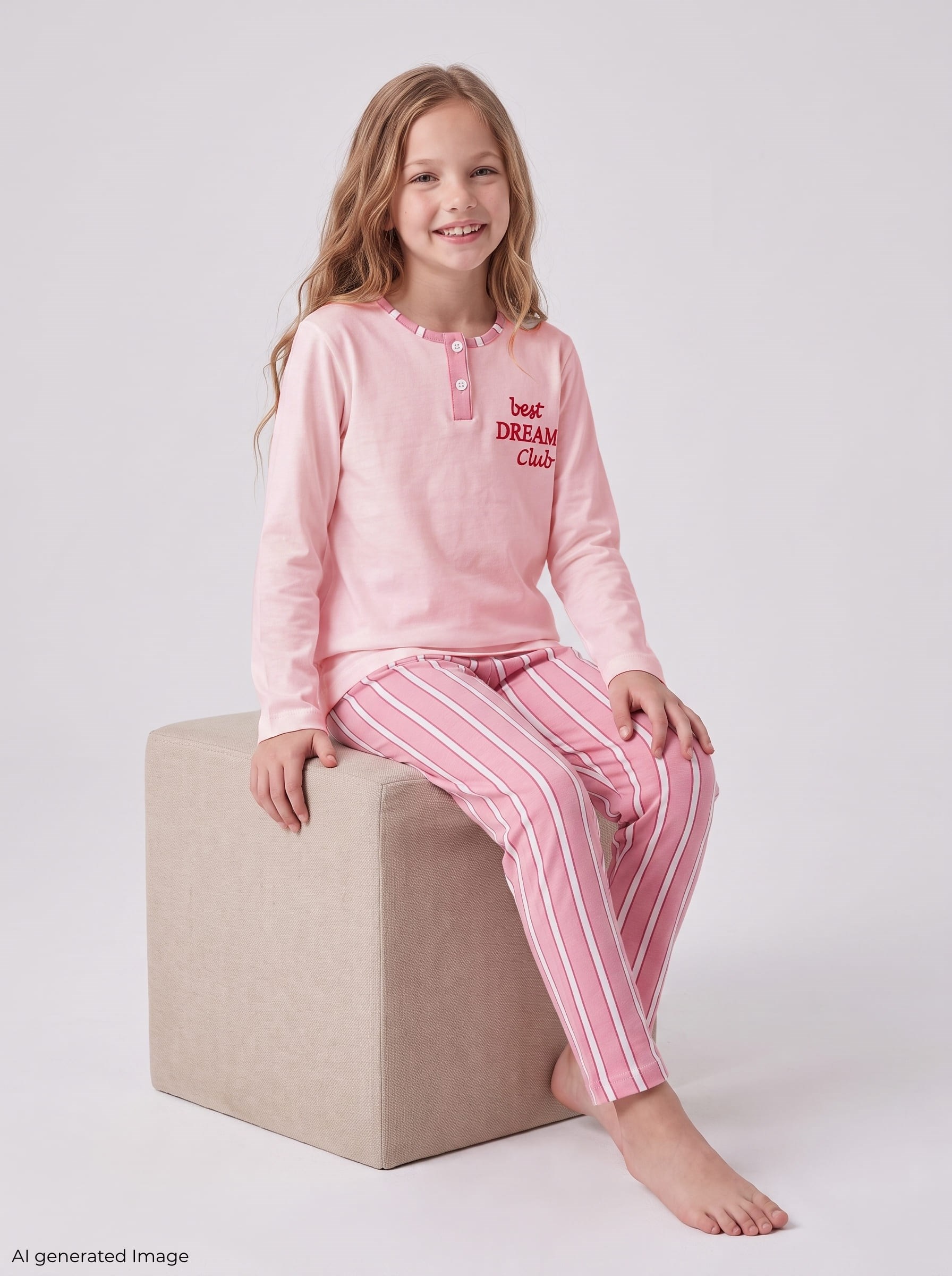 Kız Çocuk Uzun Kollu Düğme Detaylı %100 Pamuklu Pijama Takımı Best Dream