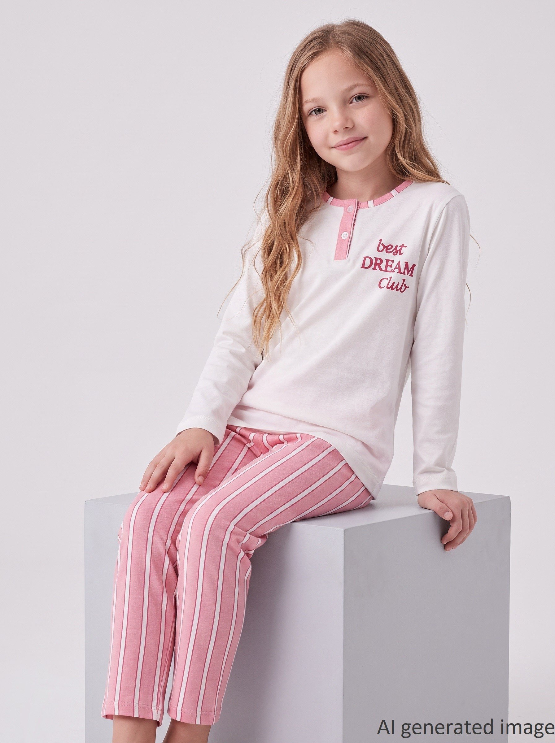 Kız Çocuk Uzun Kollu Düğme Detaylı %100 Pamuklu Pijama Takımı Best Dream