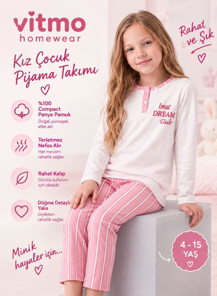 Kız Çocuk Uzun Kollu Düğme Detaylı %100 Pamuklu Pijama Takımı Best Dream