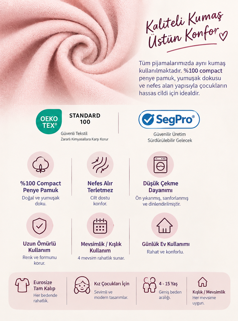 Kız Çocuk Uzun Kollu Düğme Detaylı %100 Pamuklu Pijama Takımı Huggy