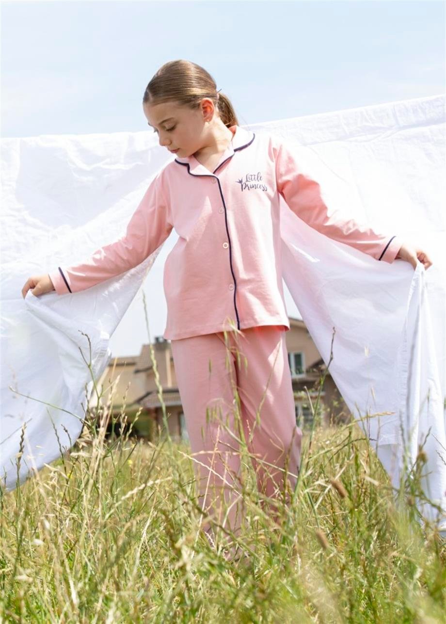 Kız Çocuk Uzun Kollu Düğmeli Pijama Takımı Little Princess Pembe