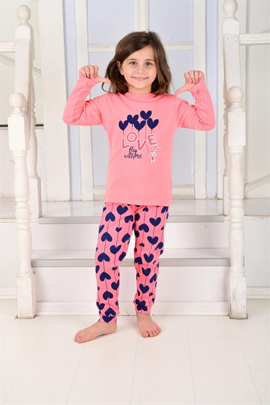 Kız Çocuk Uzun Kollu Pijama Takımı Ballon Hearth Somon