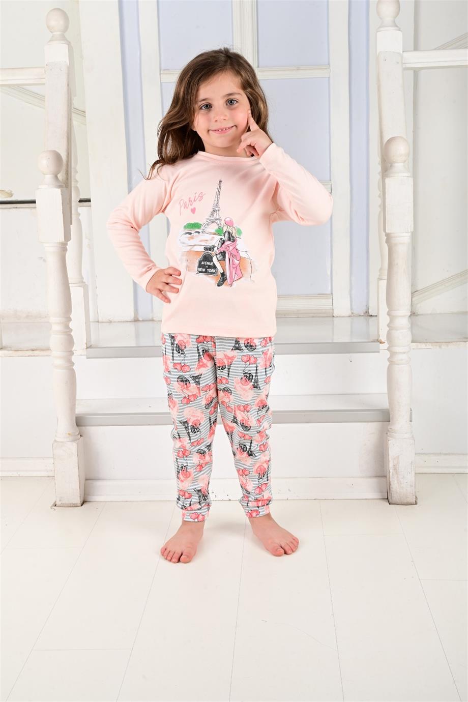Kız Çocuk Uzun Kollu Pijama Takımı Paris Girl Somon