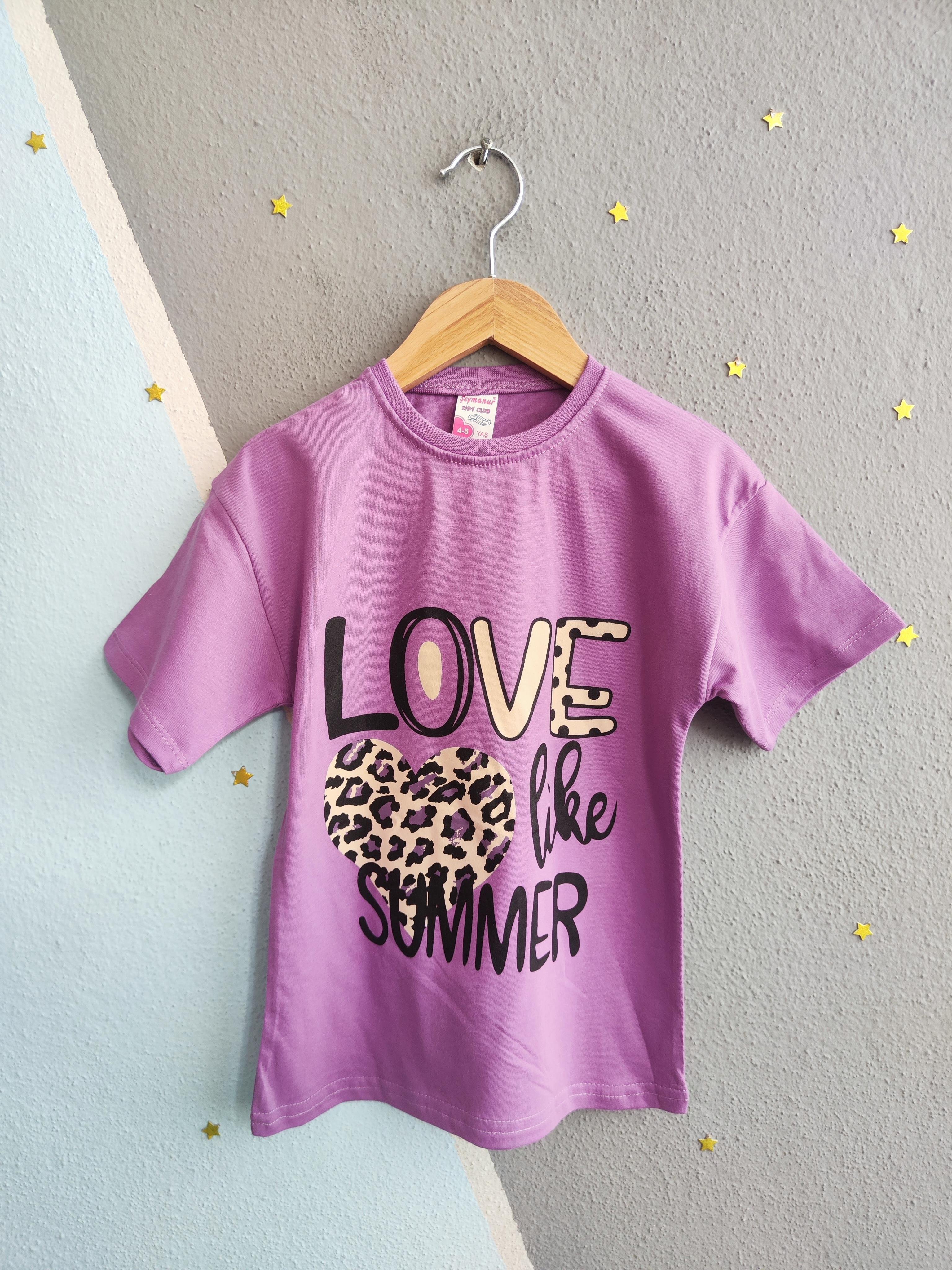 1595 - Love baskılı leopar desenli kız çocuk takımı - Lila