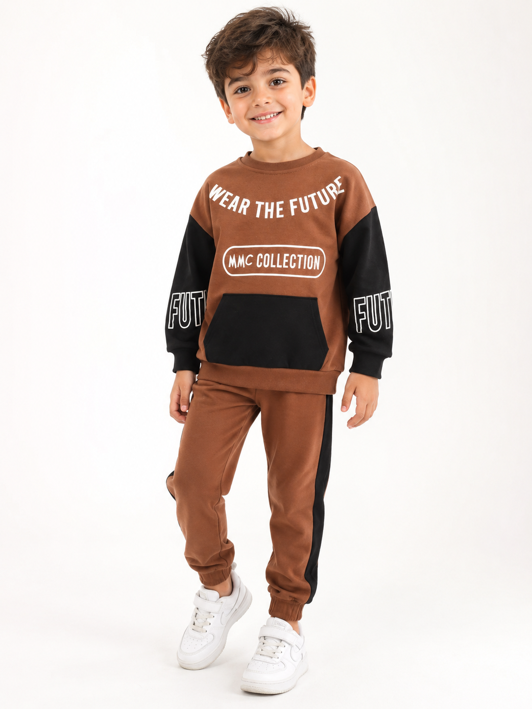 1700 - Wear The Future Baskılı Erkek Çocuk Takım - Koyu Kahve