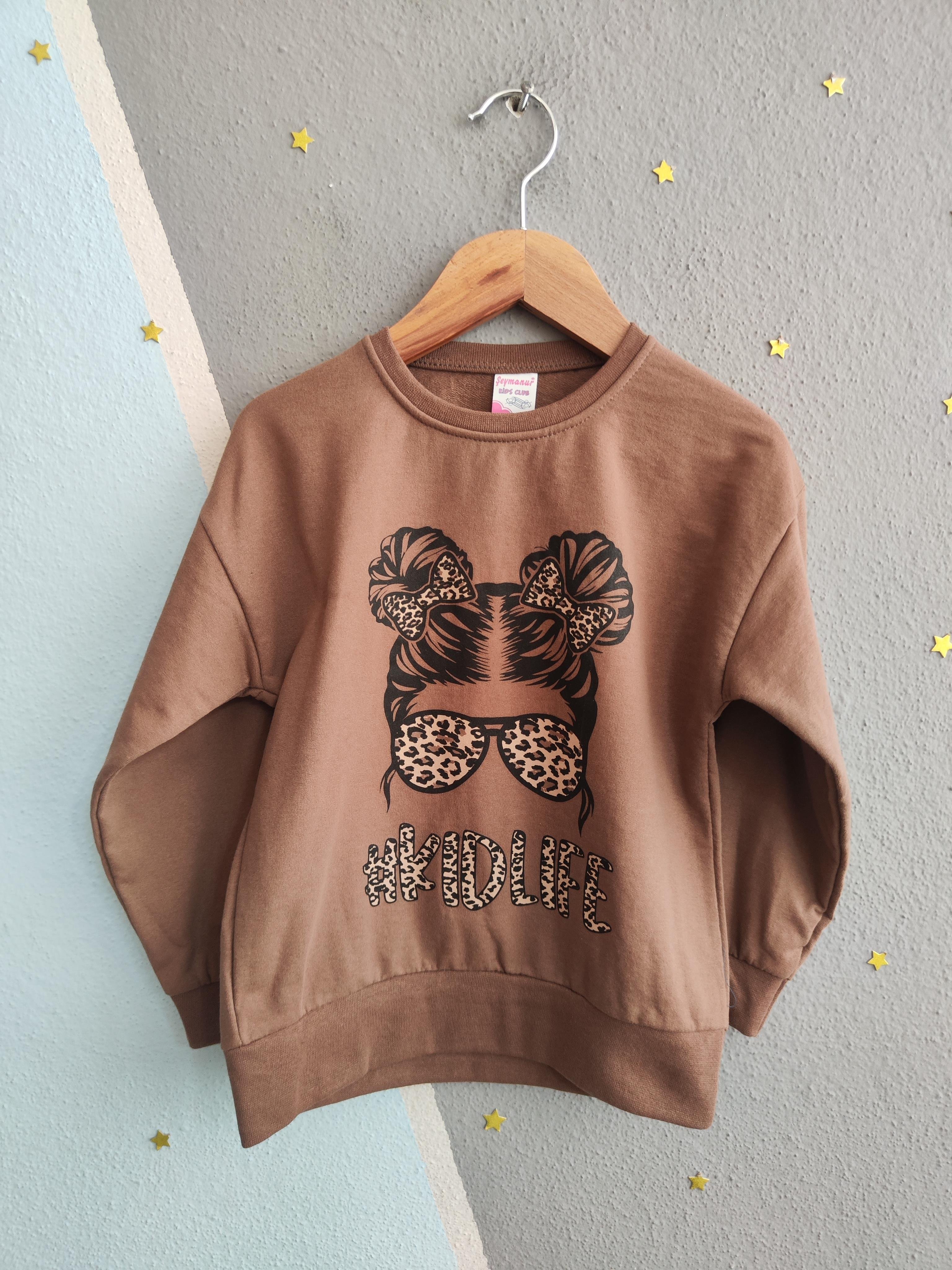 1720 - Baskılı Leopar Desen Kız Çocuk Takım - Kahve